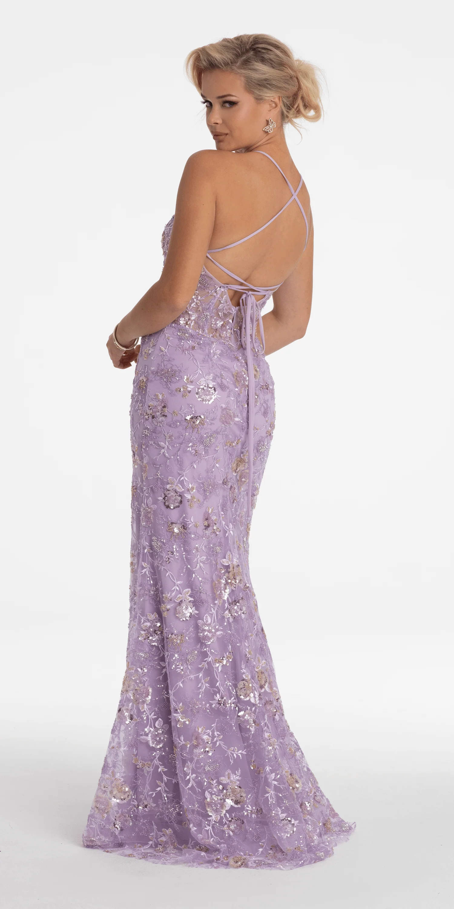 Floral Embellished Mesh Halter Lace Up Back Trumpet Dress - Image 6