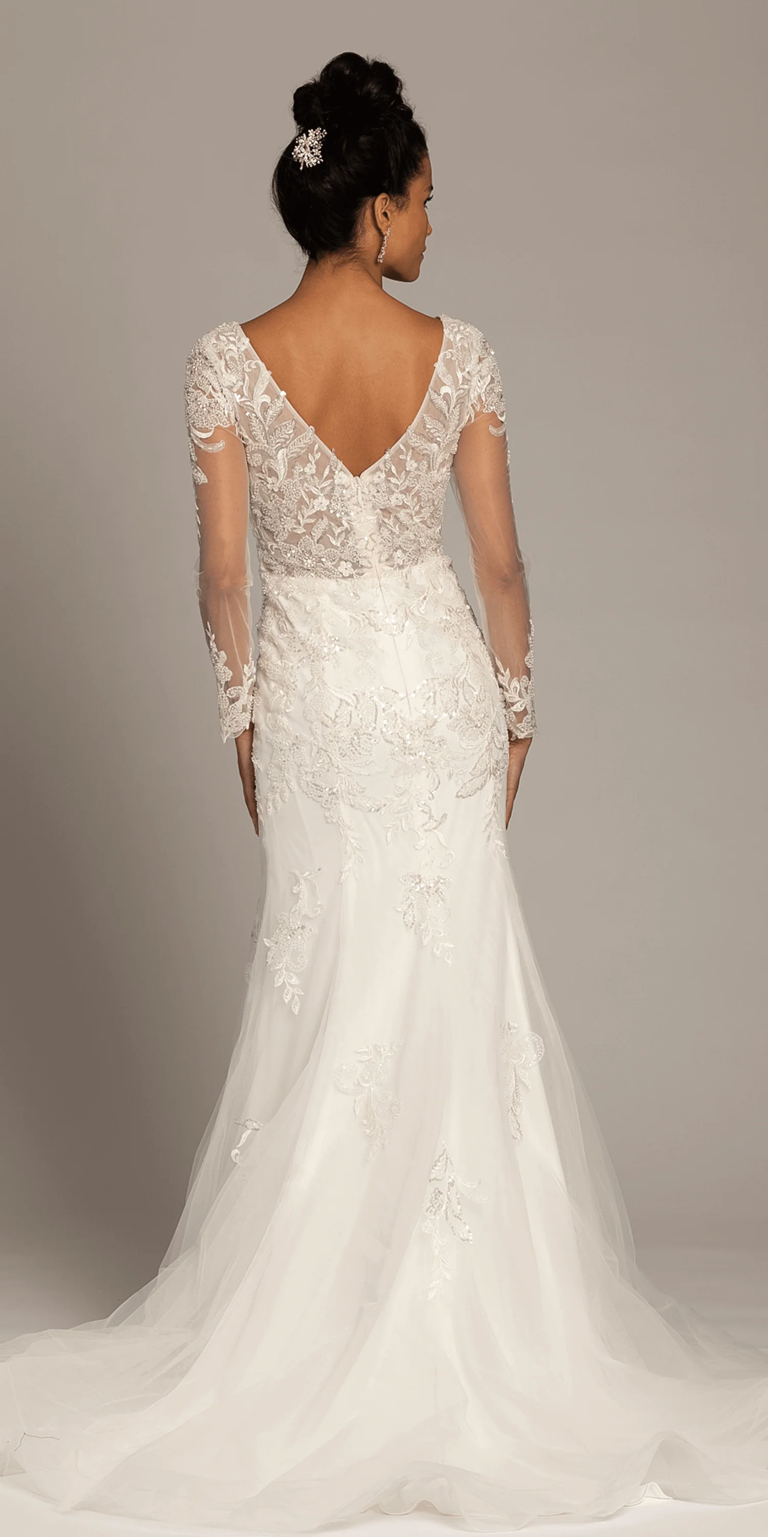 Floral Embroidered Plunging Long Sleeve Tulle Trumpet Dress - Image 3