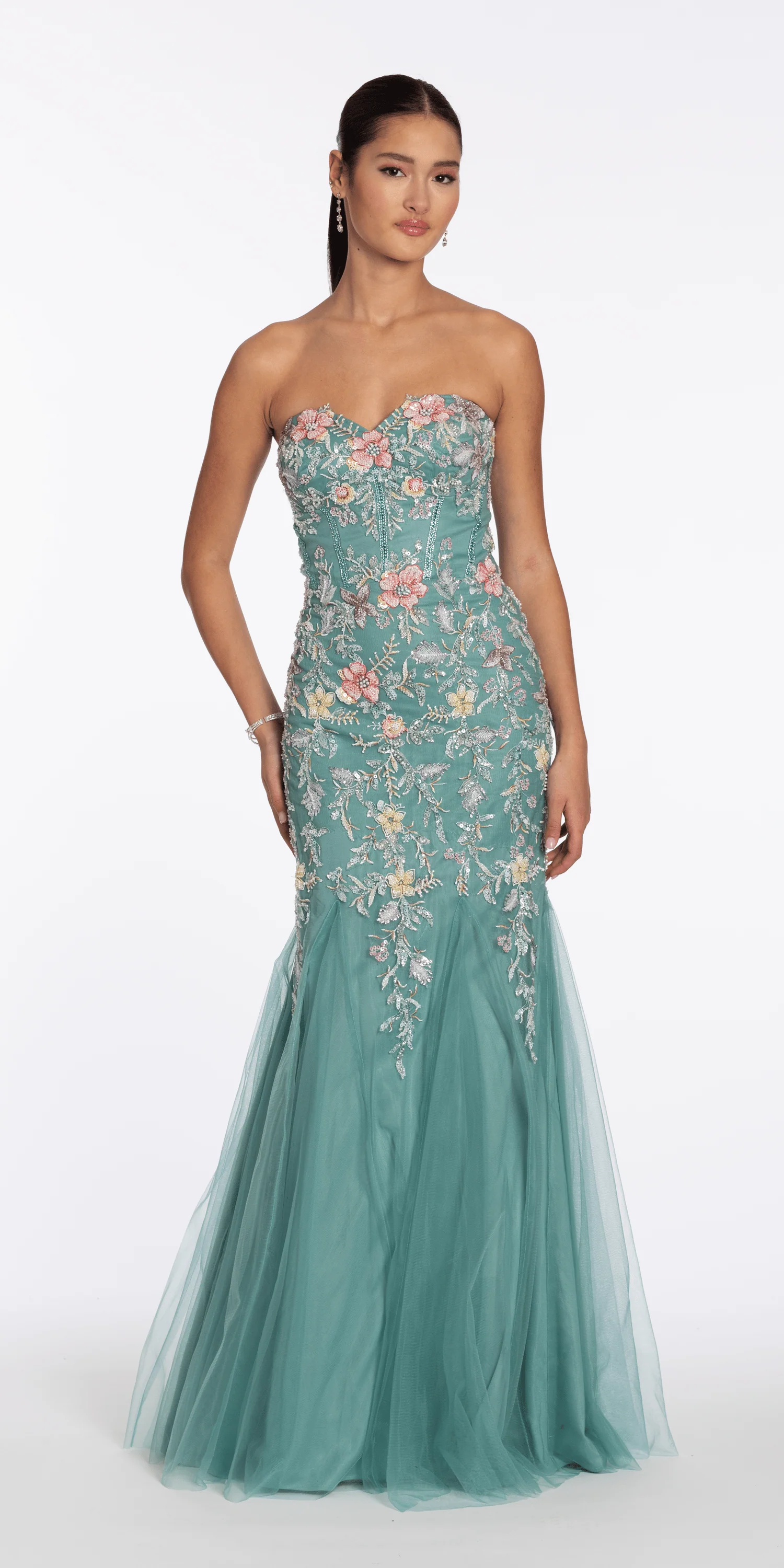 Floral Mesh Embroidered Strapless Mermaid Dress with Godets