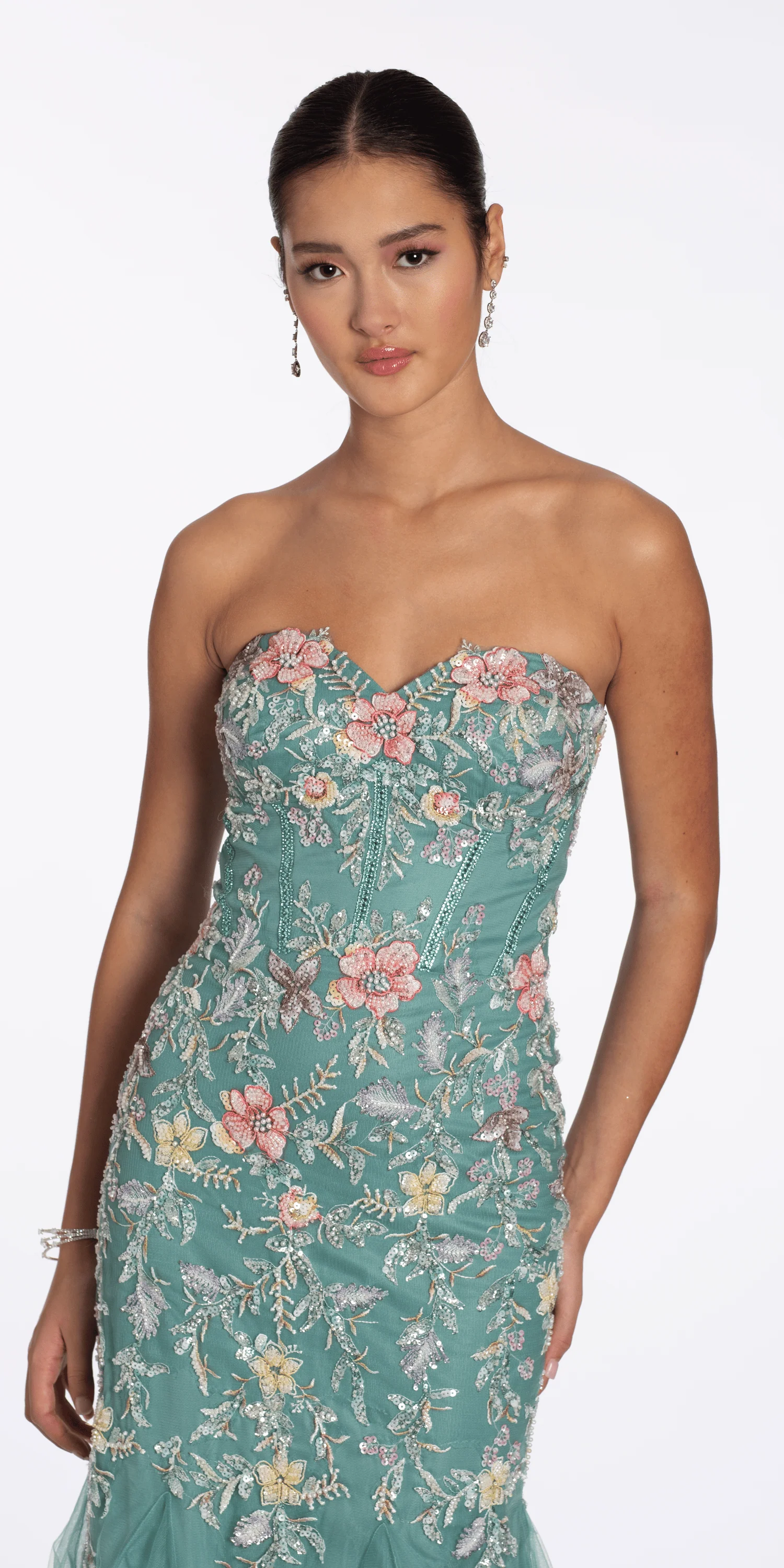 Floral Mesh Embroidered Strapless Mermaid Dress with Godets - Image 2