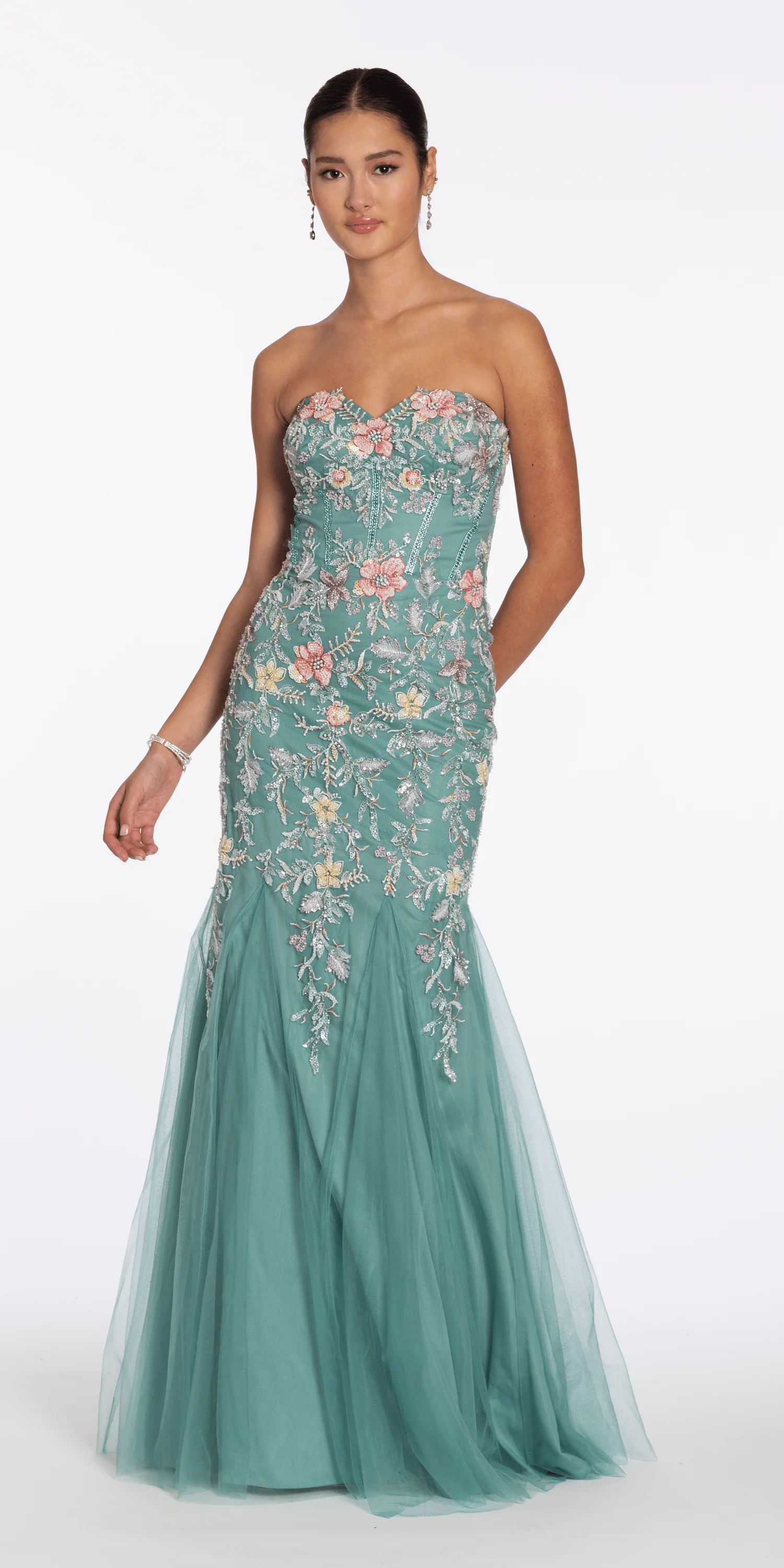 Floral Mesh Embroidered Strapless Mermaid Dress with Godets - Image 3