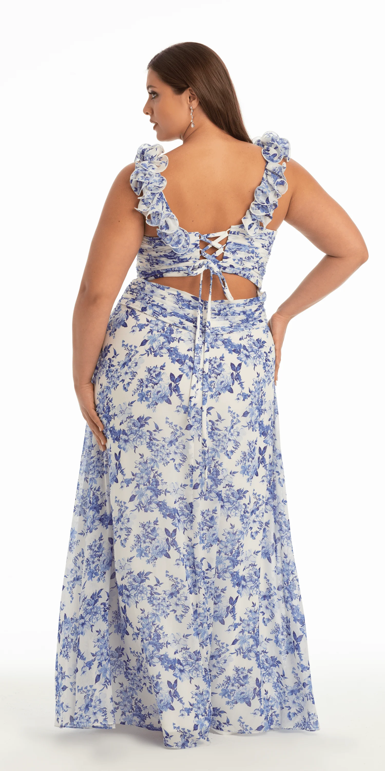 Floral Print Chiffon Column Dress with Ruffle Shoulders - Image 5