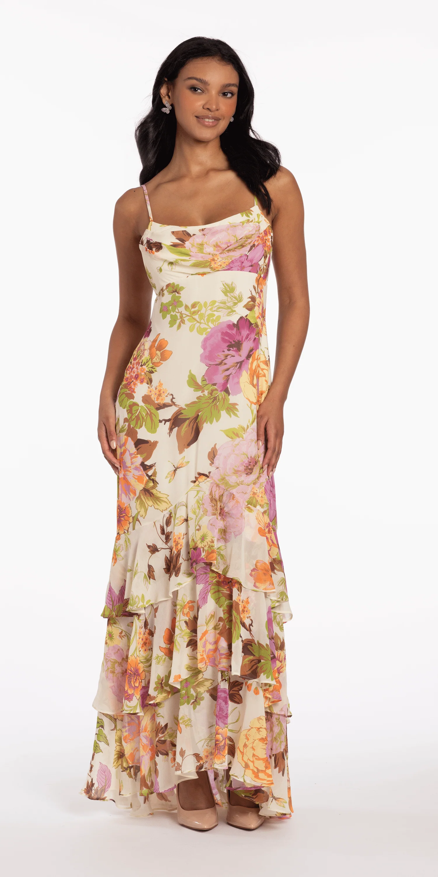 Floral Print Chiffon Drape Front Ruffle High-Low Dress - Image 3