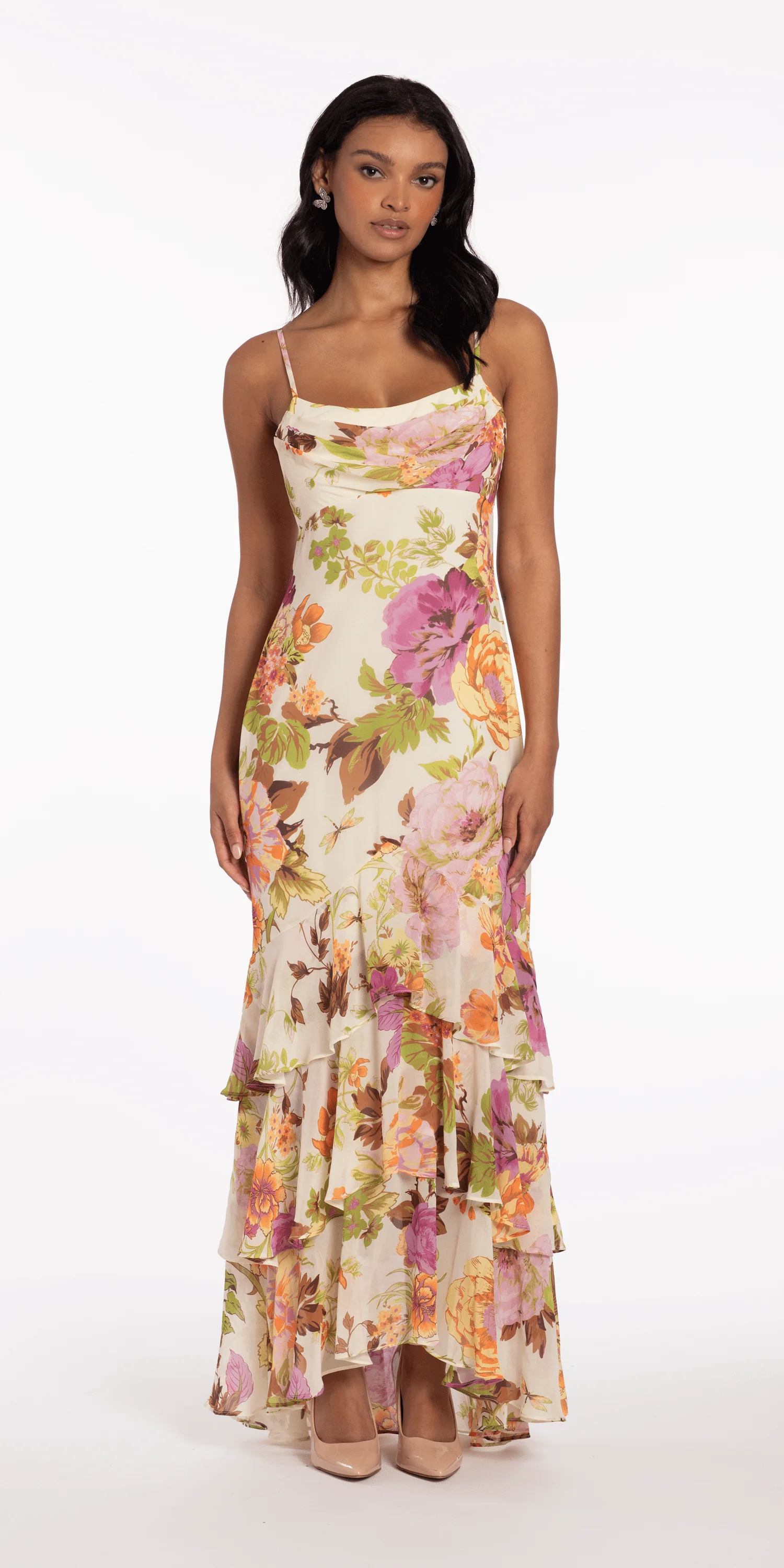 Floral Print Chiffon Drape Front Ruffle High-Low Dress - Image 4