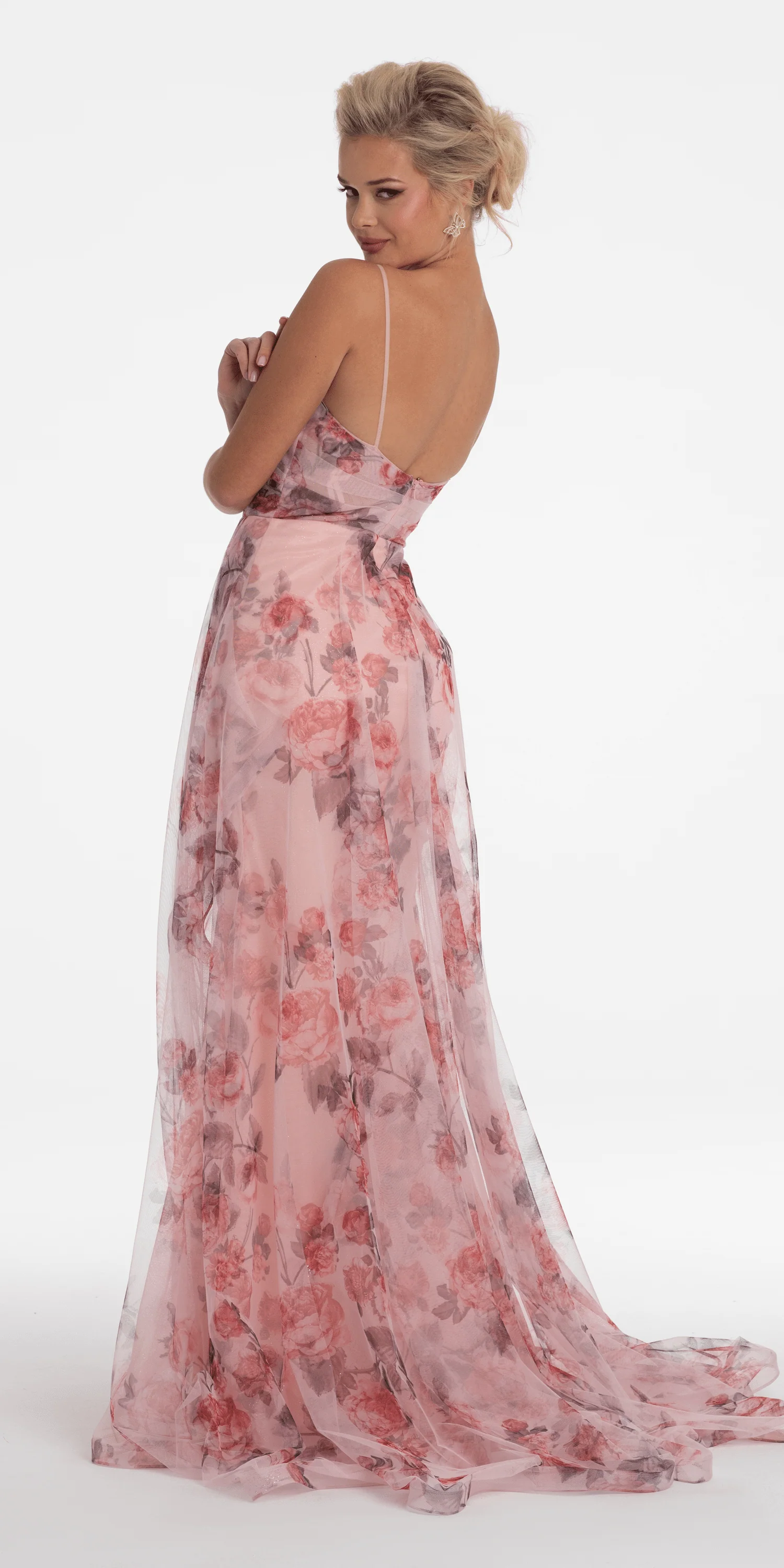 Floral Print Mesh Sweetheart A Line Dress with Side Slit - Image 5