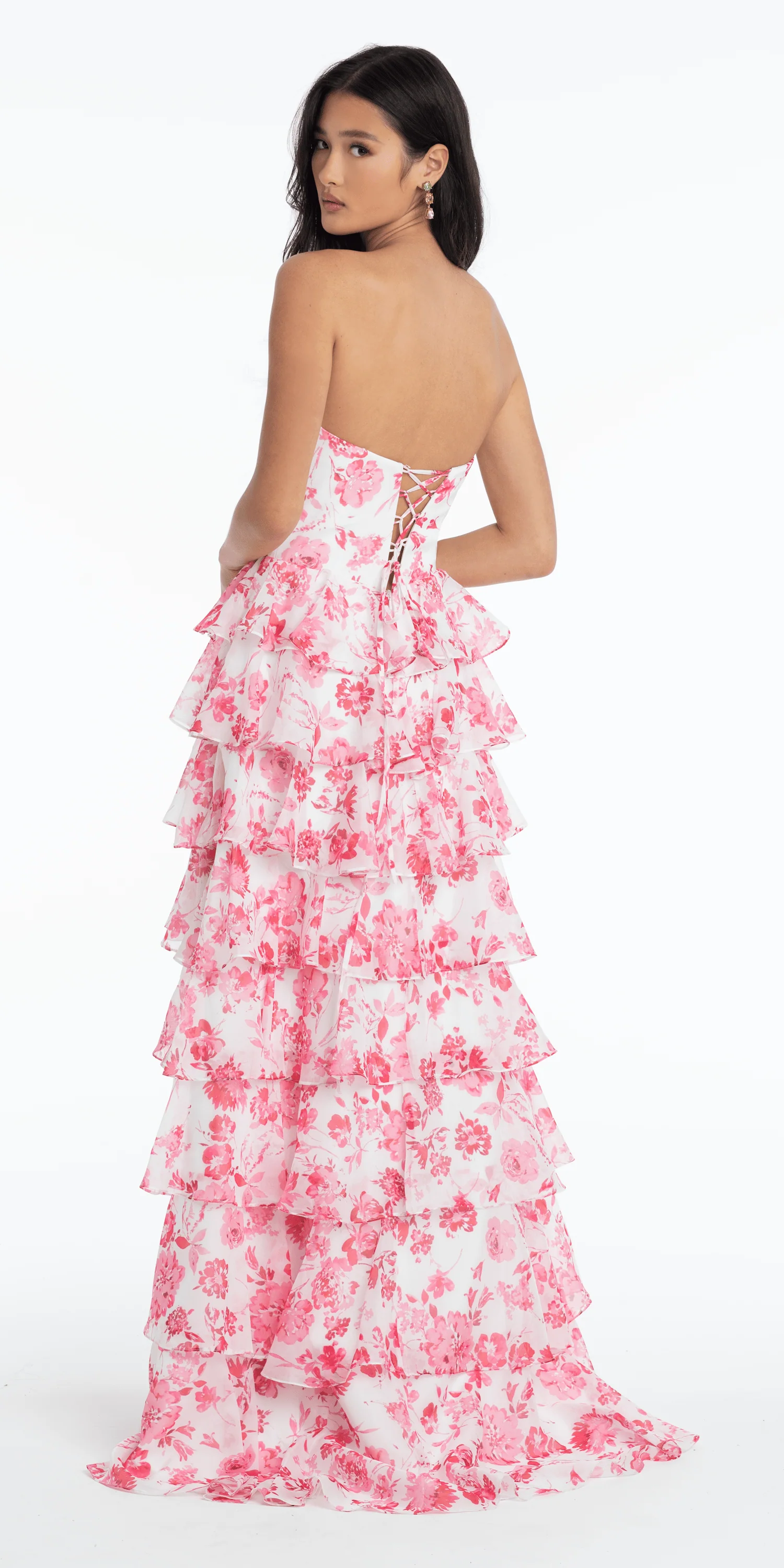 Floral Print Strapless Chiffon Tiered A Line Dress - Image 4
