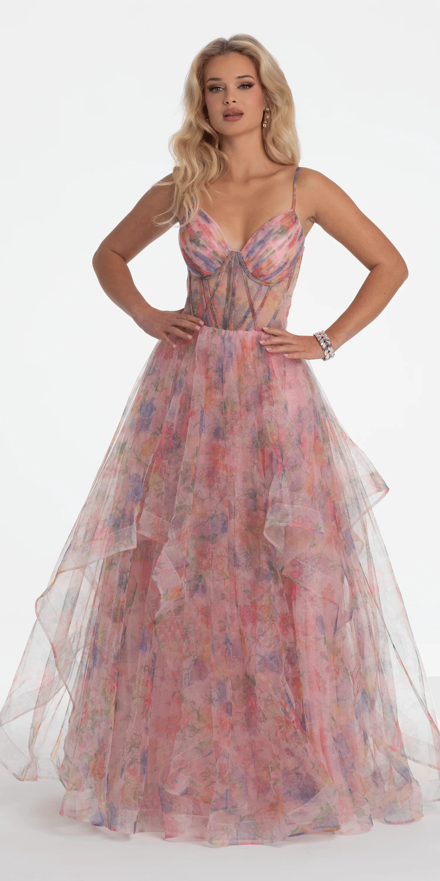 Floral Sweetheart Tiered Lace Up Back Corset Ballgown - Image 4