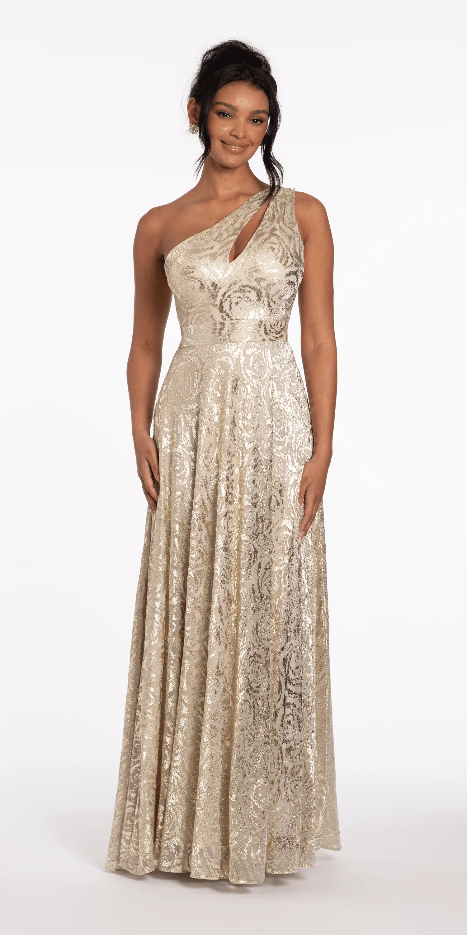 Foil Jacquard One Shoulder A Line Dress with Keyhole - Image 3