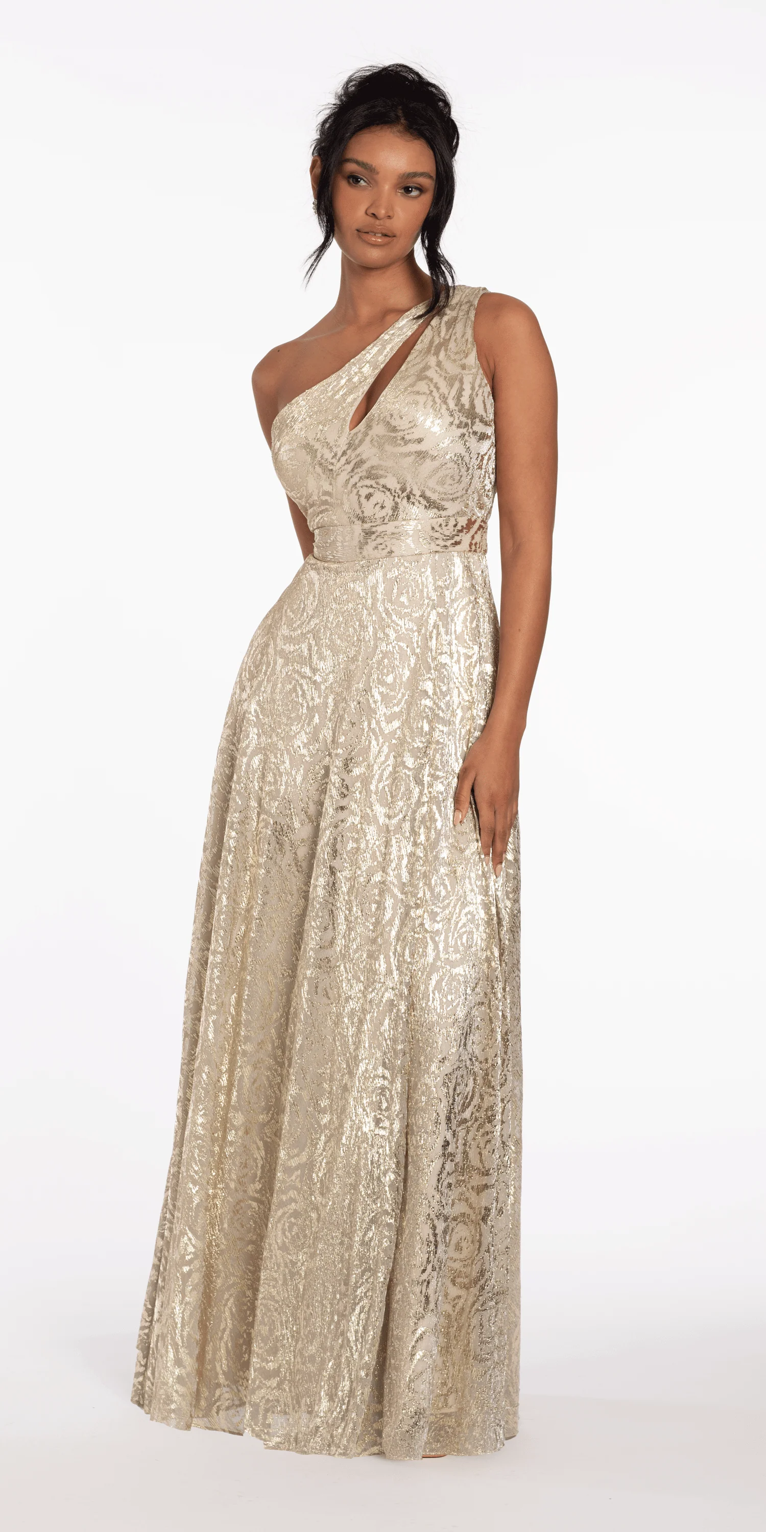 Foil Jacquard One Shoulder A Line Dress with Keyhole - Image 5