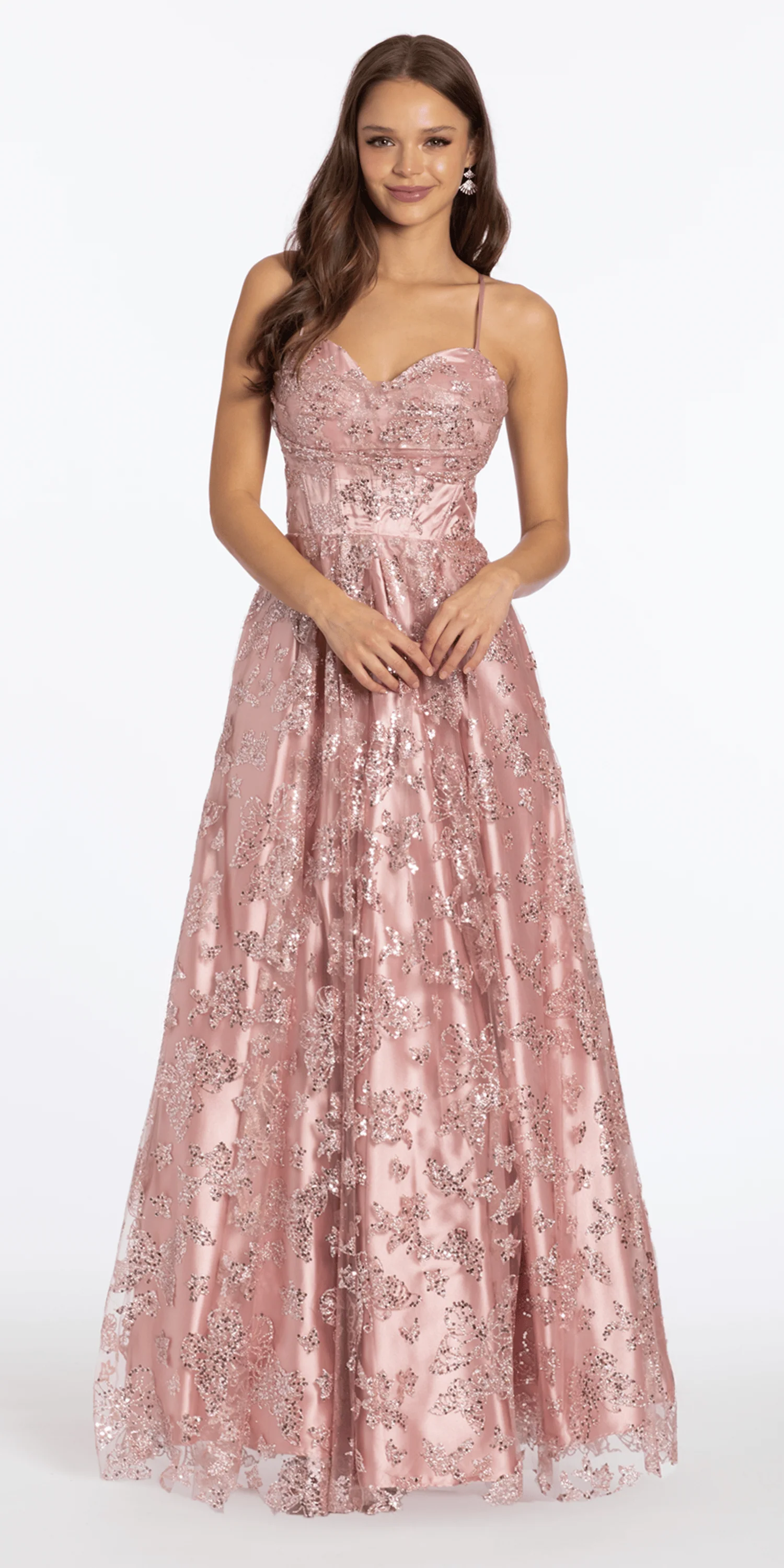Glitter Butterfly Mesh Cowl Neck Corset Lace Up Back Ballgown