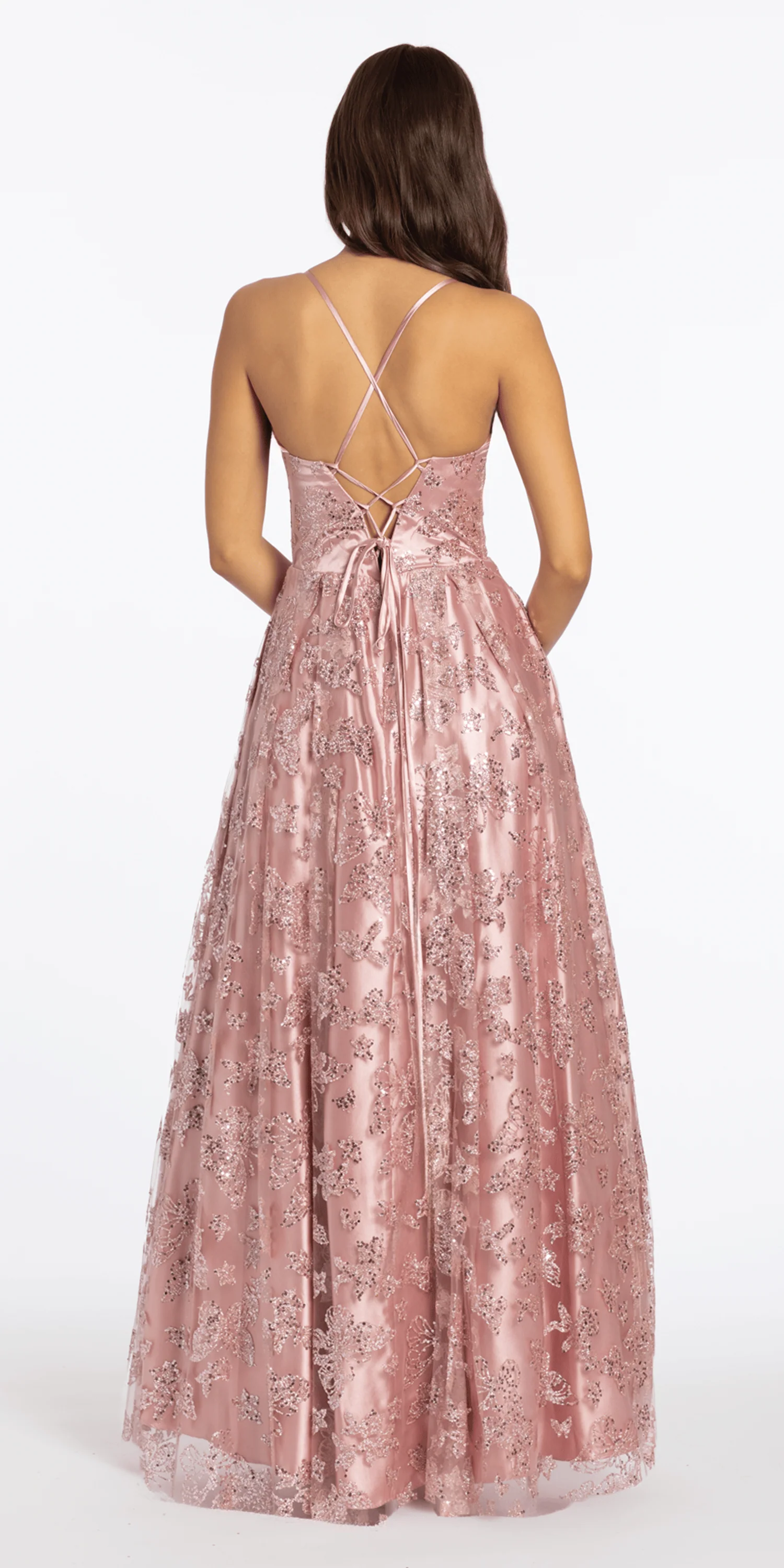 Glitter Butterfly Mesh Cowl Neck Corset Lace Up Back Ballgown - Image 4