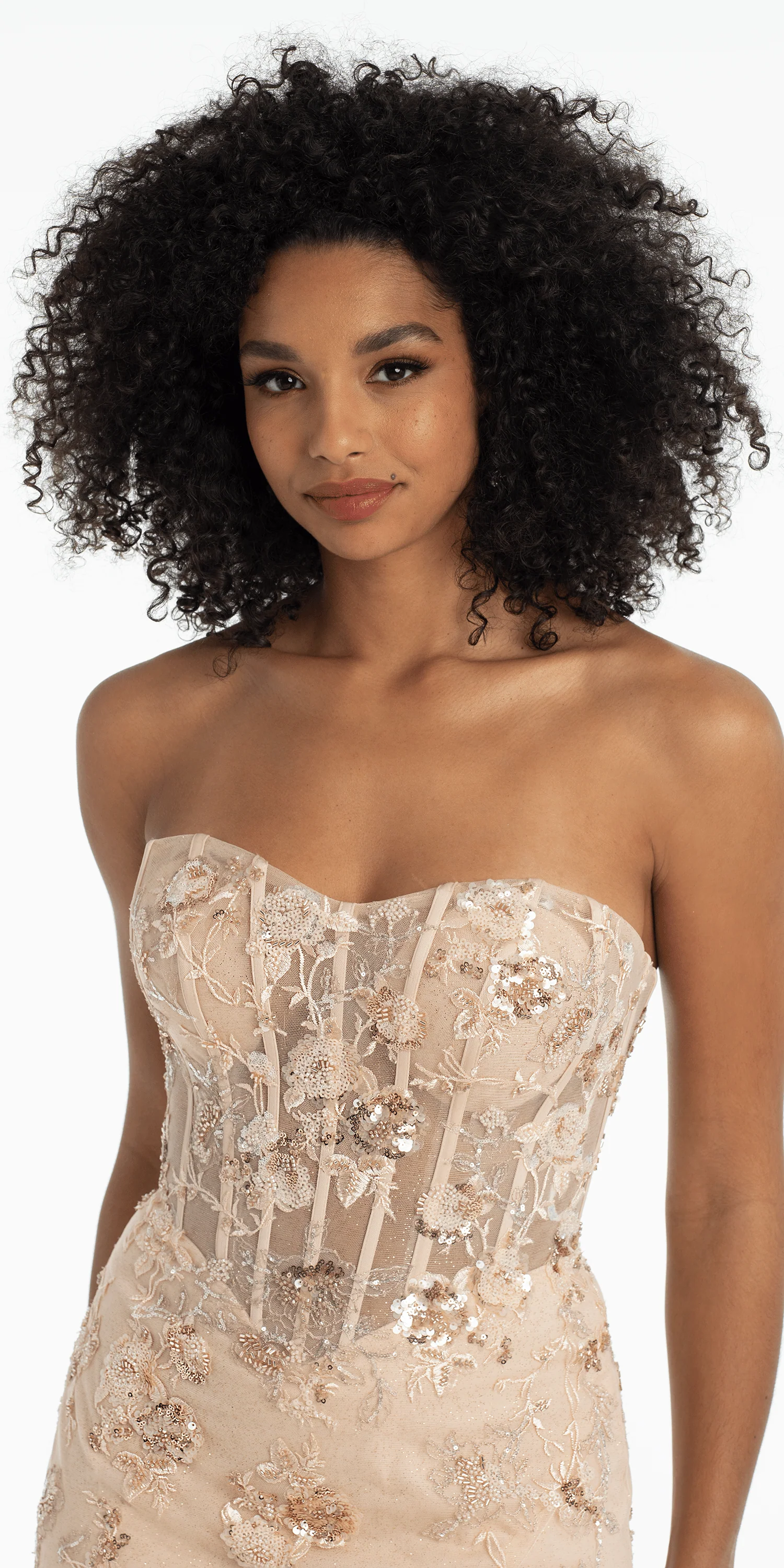 Glitter Corset Mesh Strappy Back Trumpet Dress with Beaded Floral Appliques - Image 2