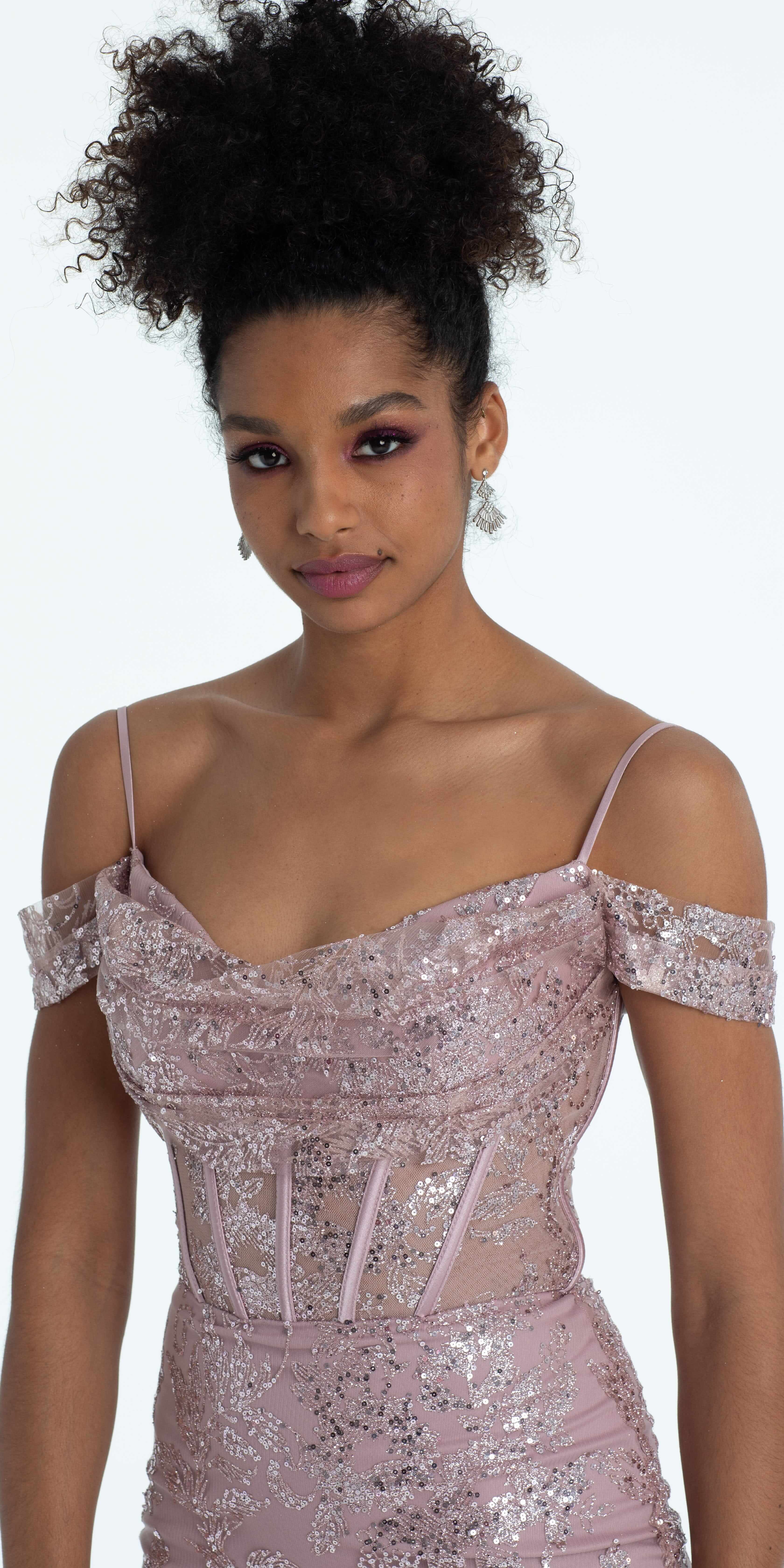 Glitter Drape Off the Shoulder Corset Mermaid Dress - Image 2