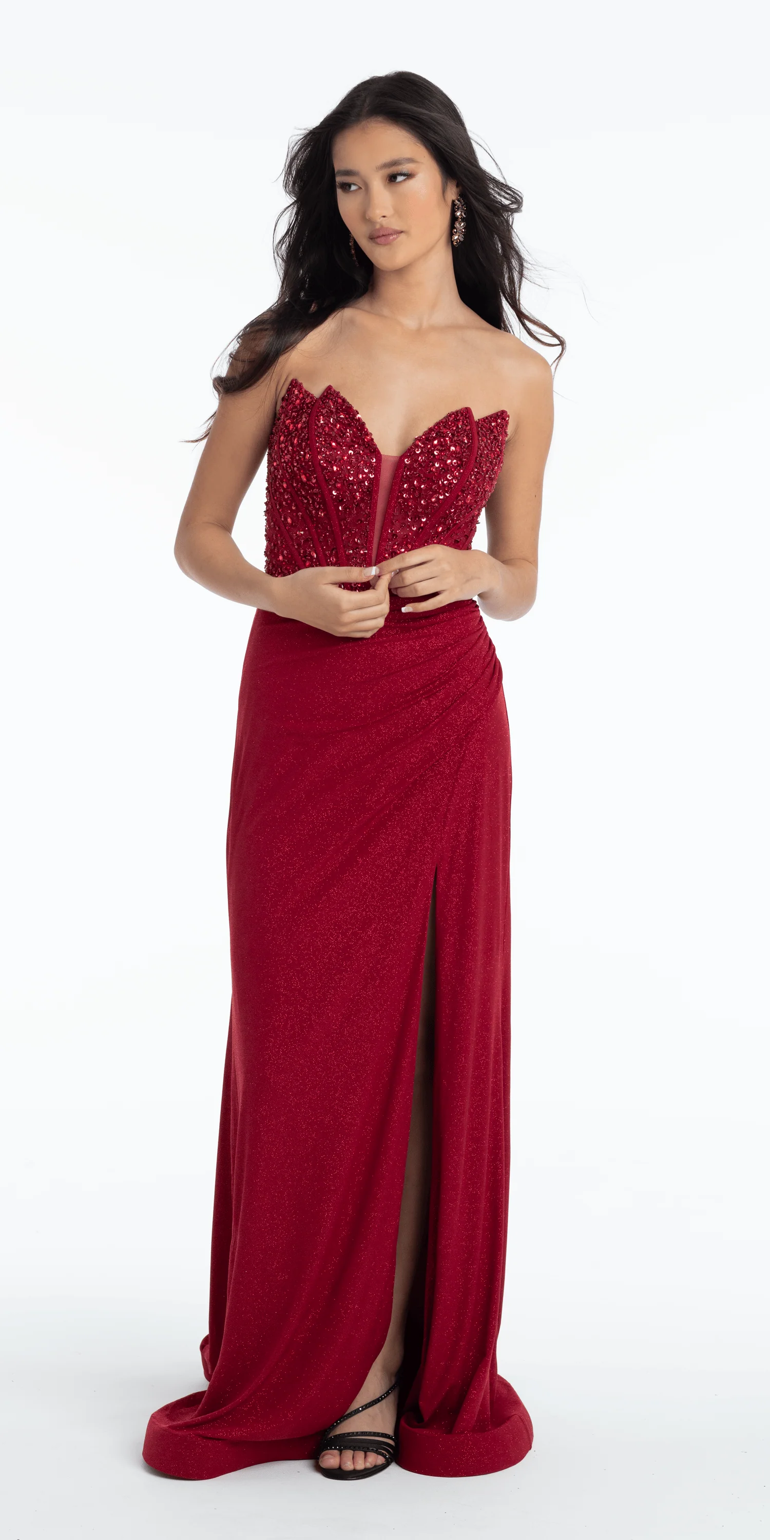 Glitter Knit Embellished Sweetheart Corset Trumpet Dress with Ruching - Image 3
