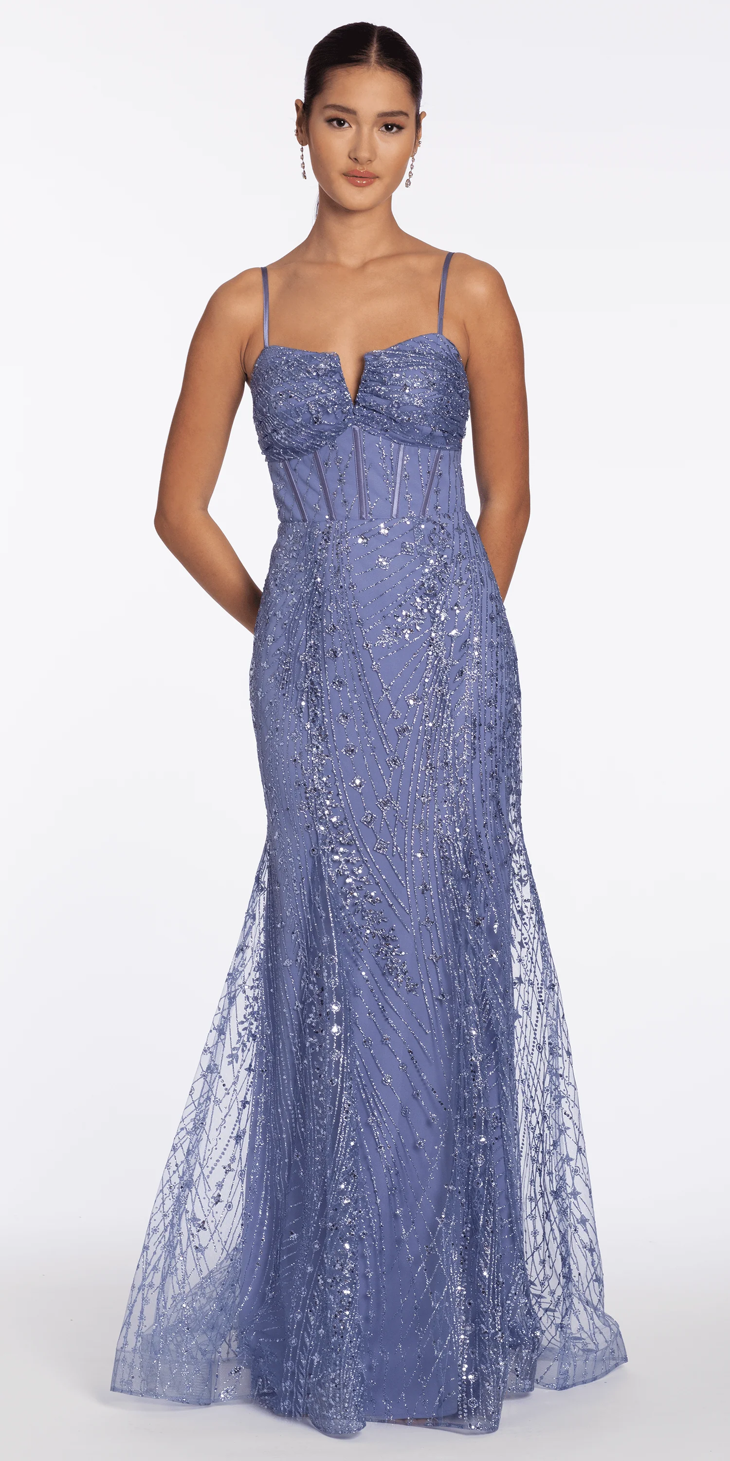 Glitter Mesh Notch Sweetheart Corset Trumpet Dress - Image 3