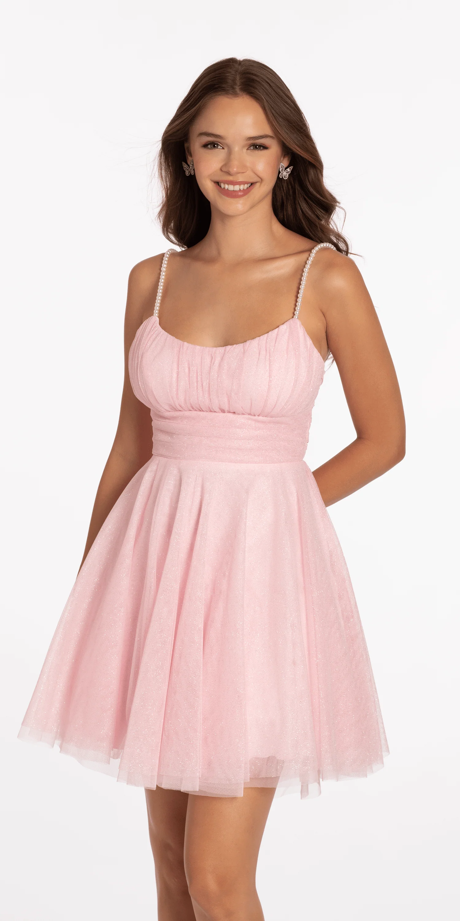 Glitter Mesh Scoop Neck Fit and Flare Dress with Pearl Straps - Image 6