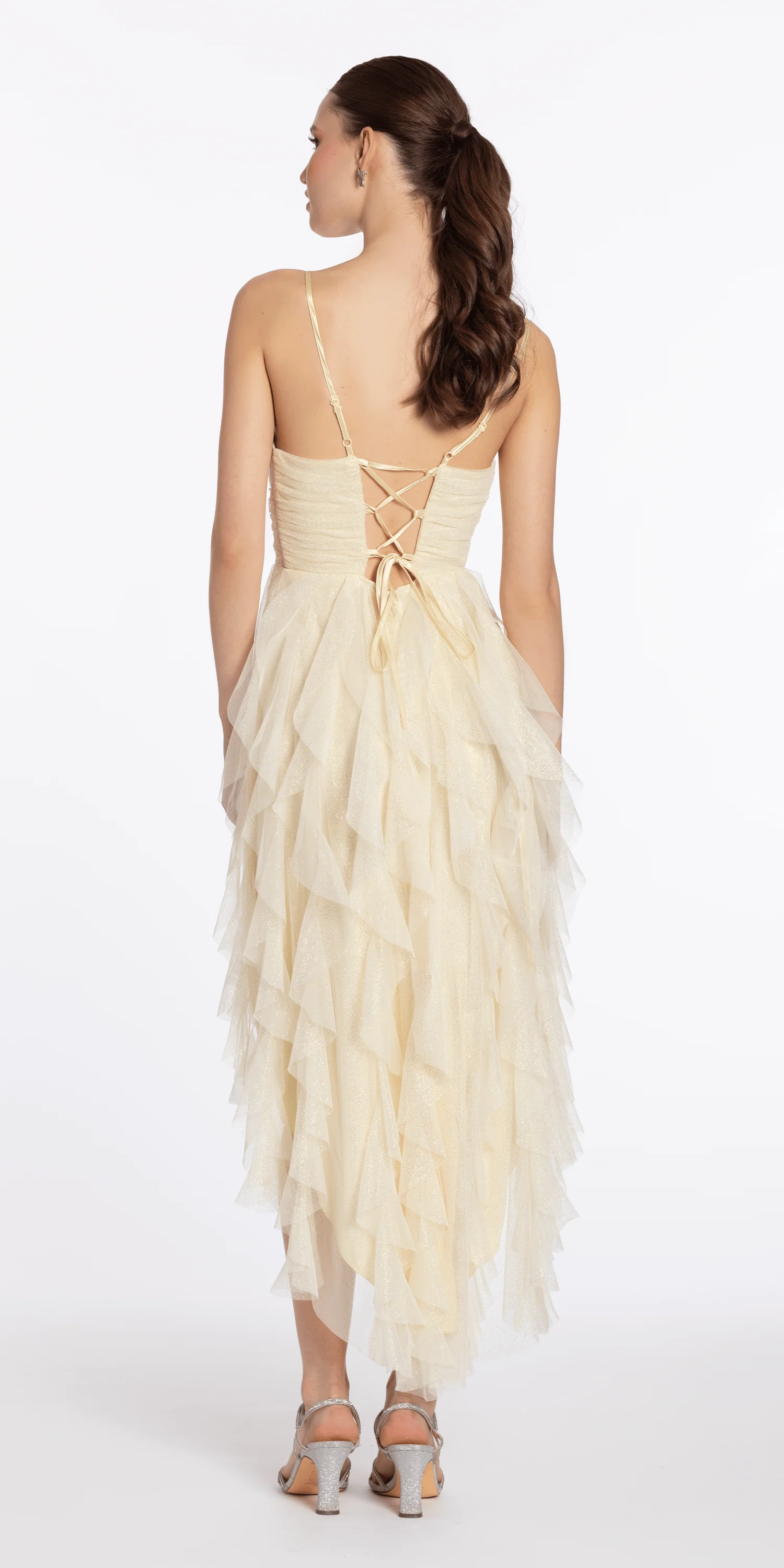 Glitter Mesh Scoop Pleated Empire High Low Dress with Tendrils - Image 3