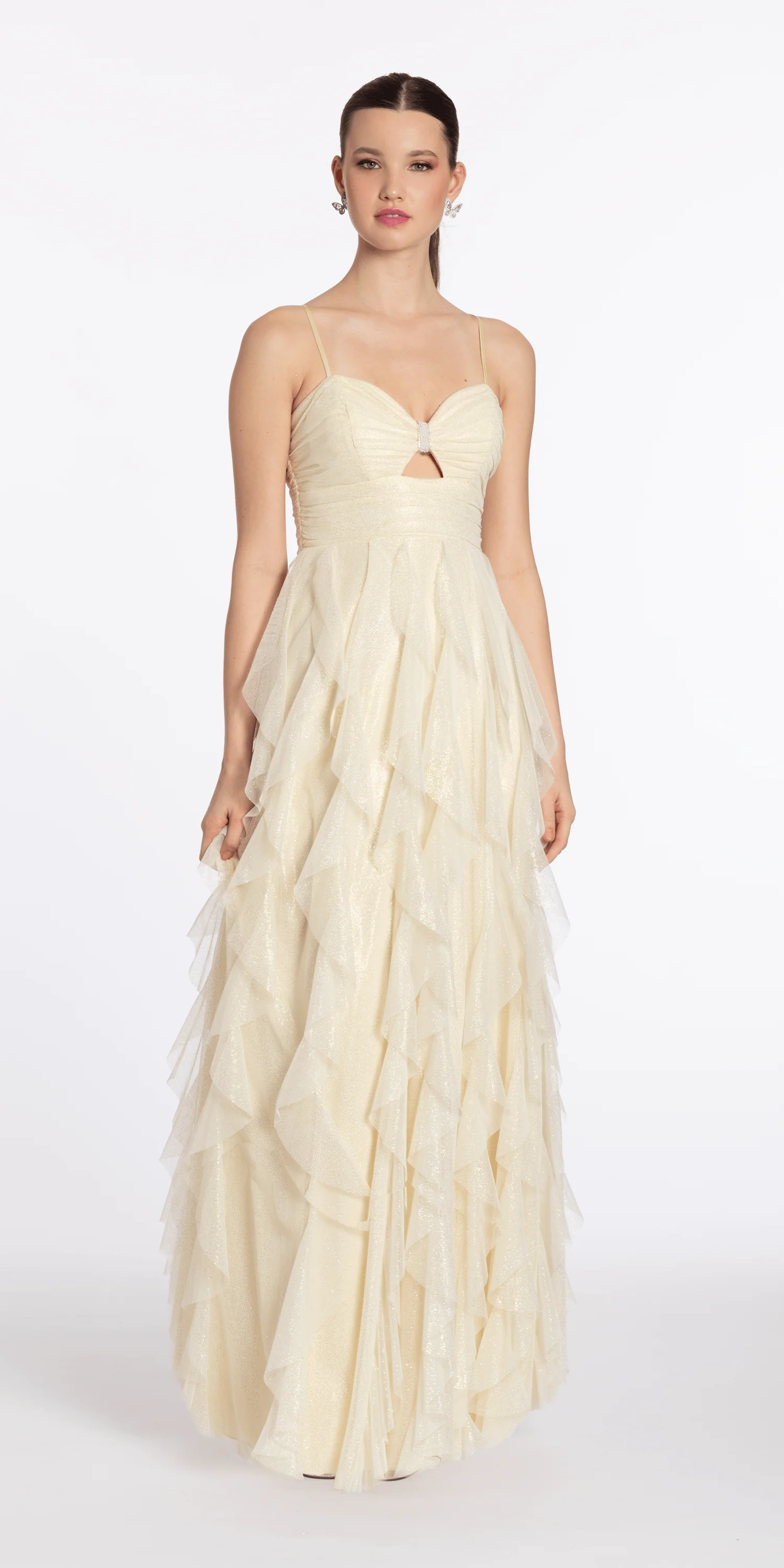 Glitter Mesh Sweetheart Keyhole Column Dress with Tendrils