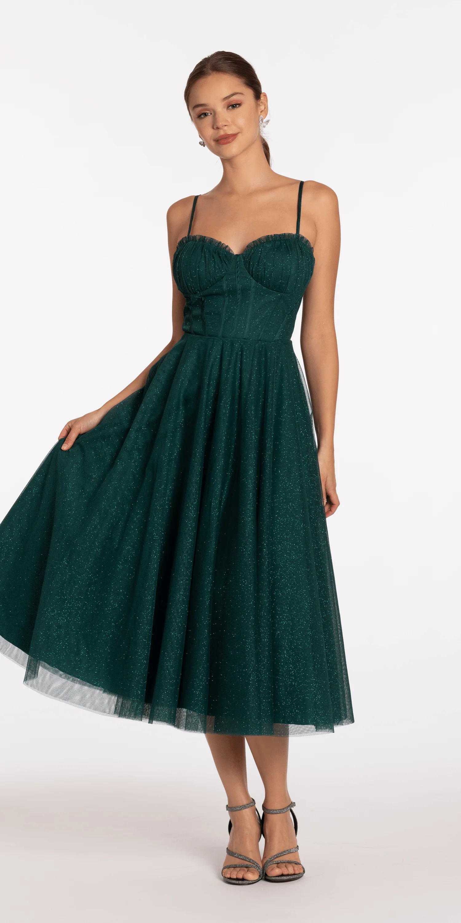 Glitter Mesh Sweetheart  Pleated Tea Length Dress - Image 4