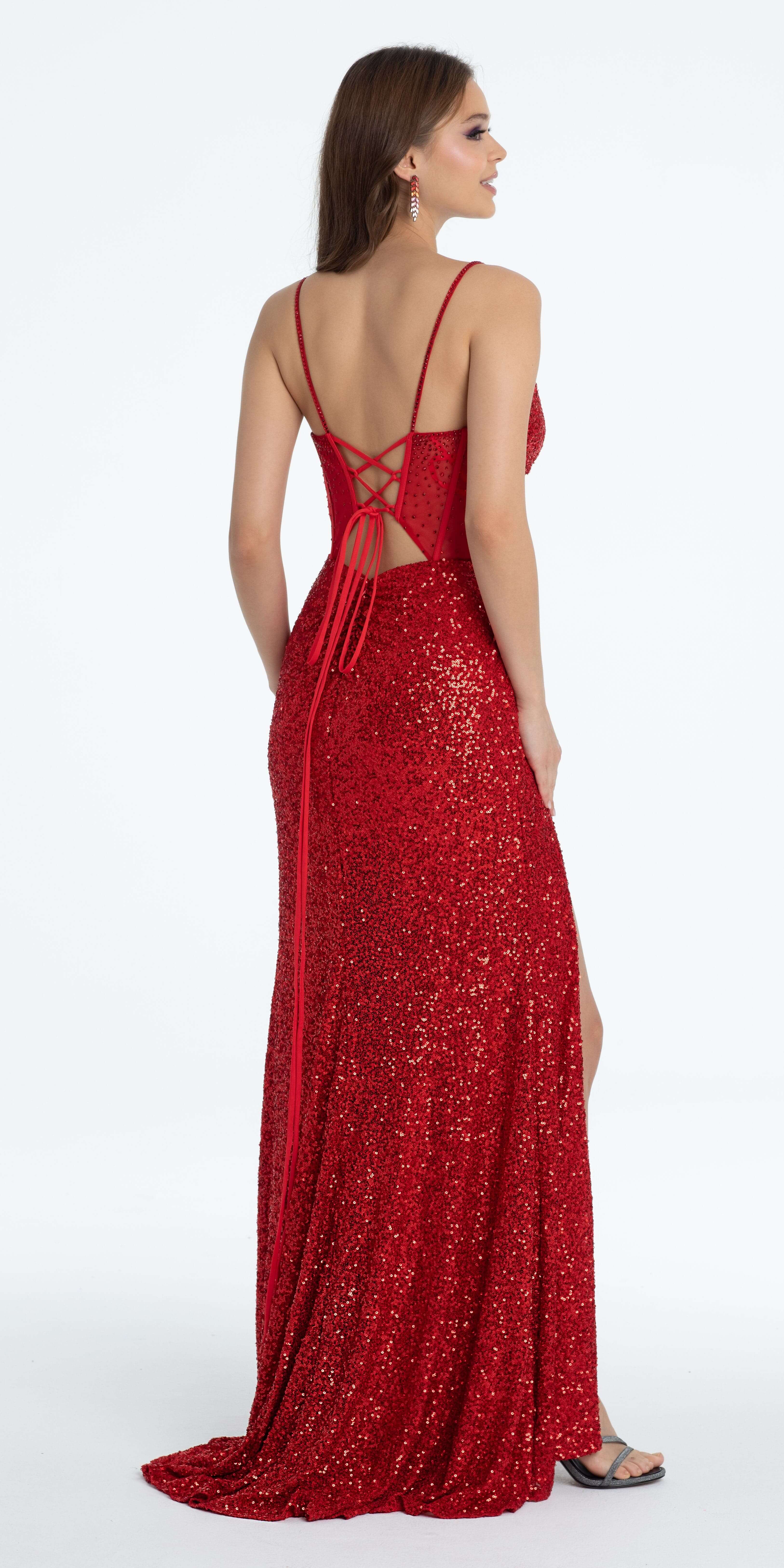 Illusion Sequin Corset Lace Up Column Dress - Image 4