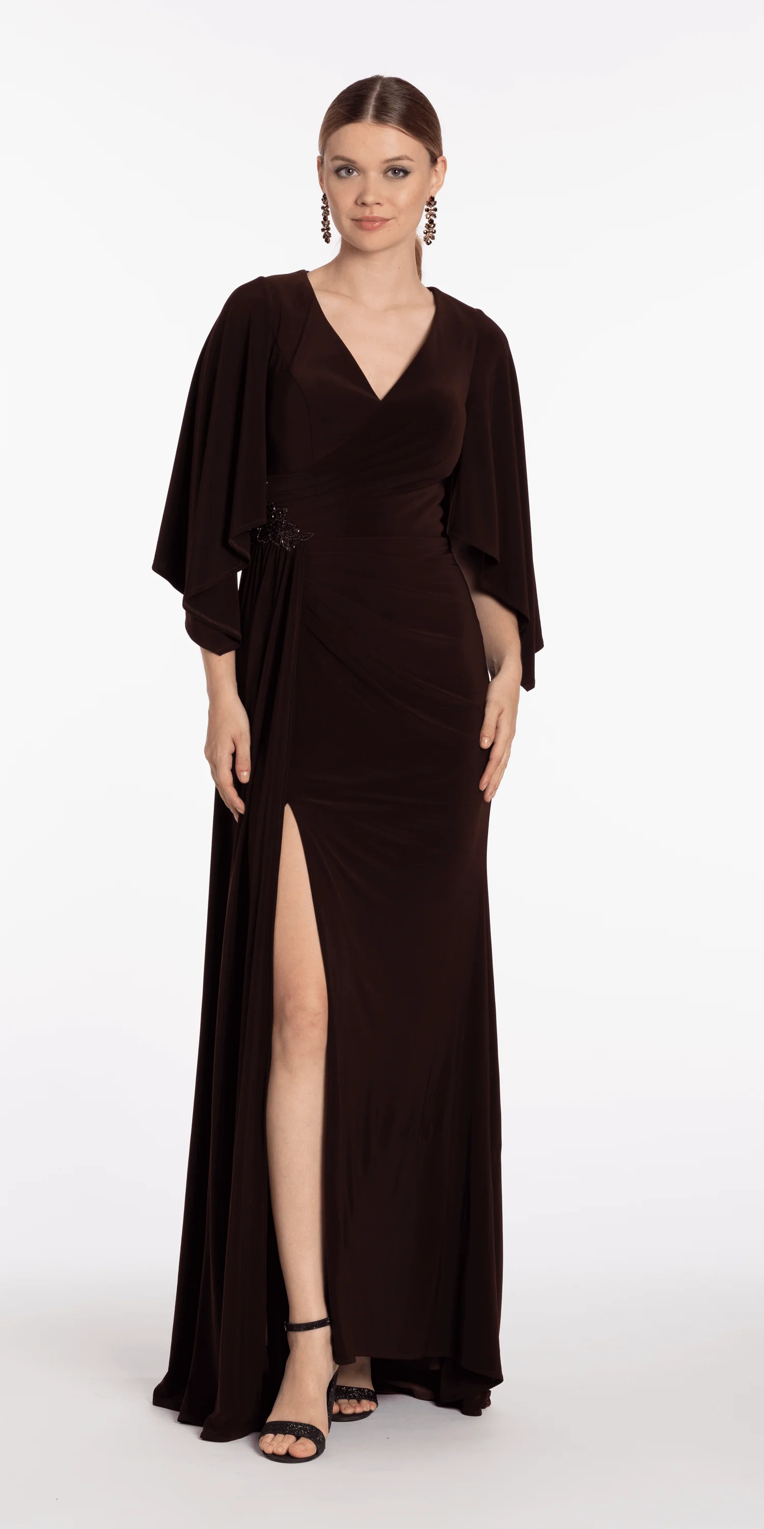 Jersey Cape Sleeve V Neck Faux Wrap Dress