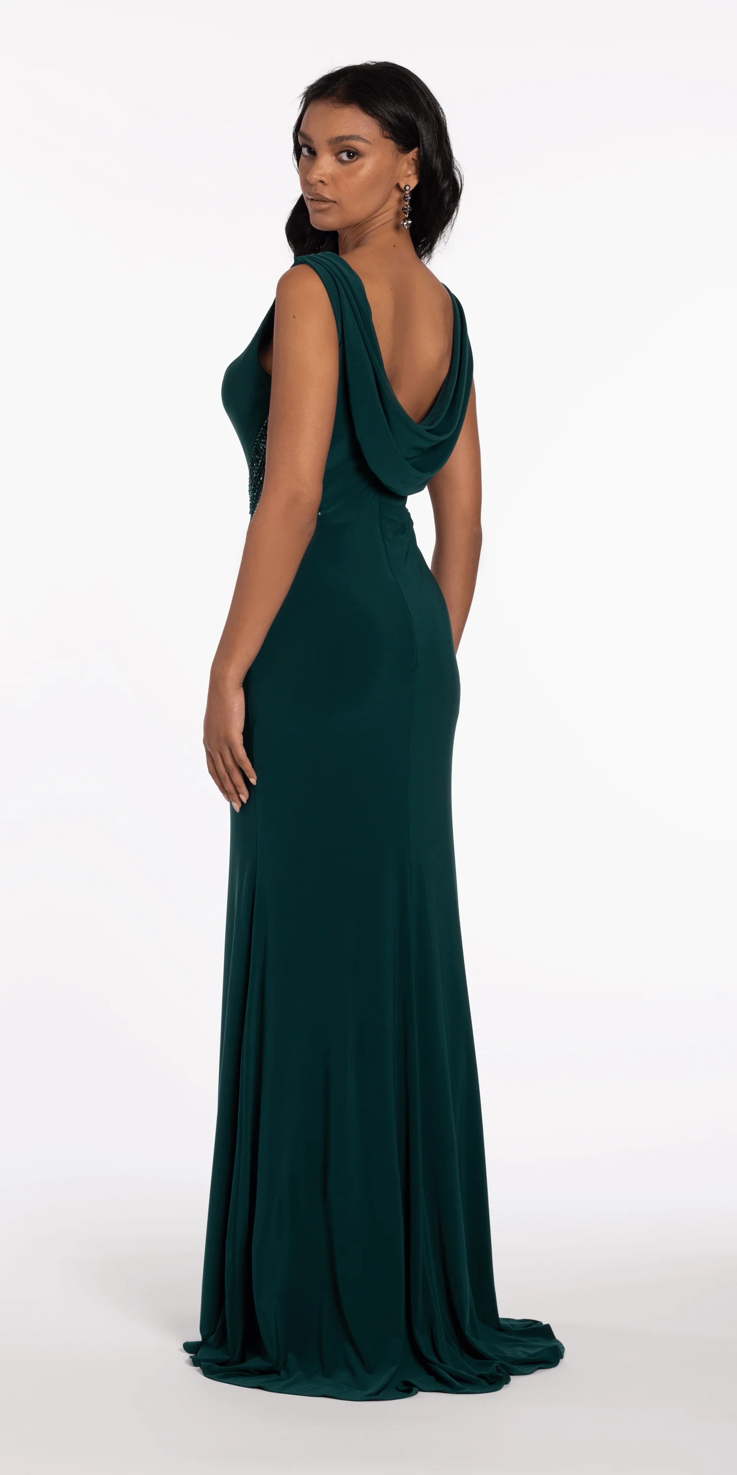 Jersey Drape Back Column Dress with Beaded Side Panels - Image 4