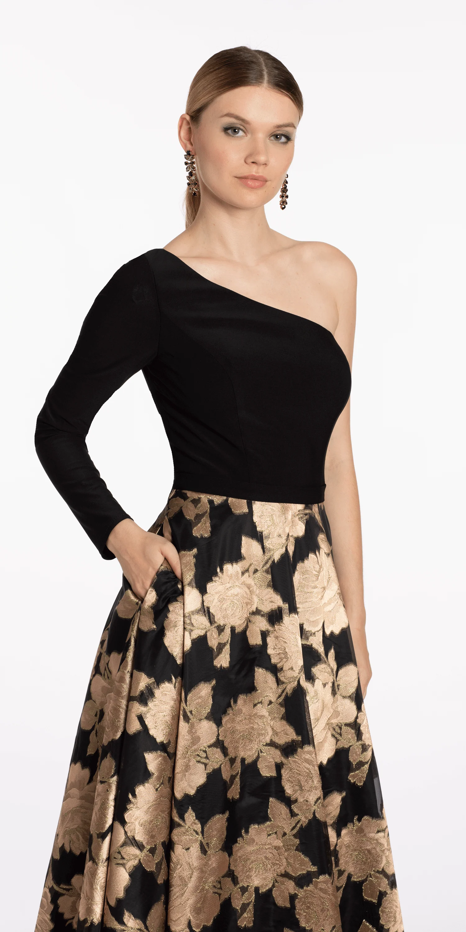 Jersey Jacquard One Shoulder Long Sleeve Ballgown with Pockets - Image 4