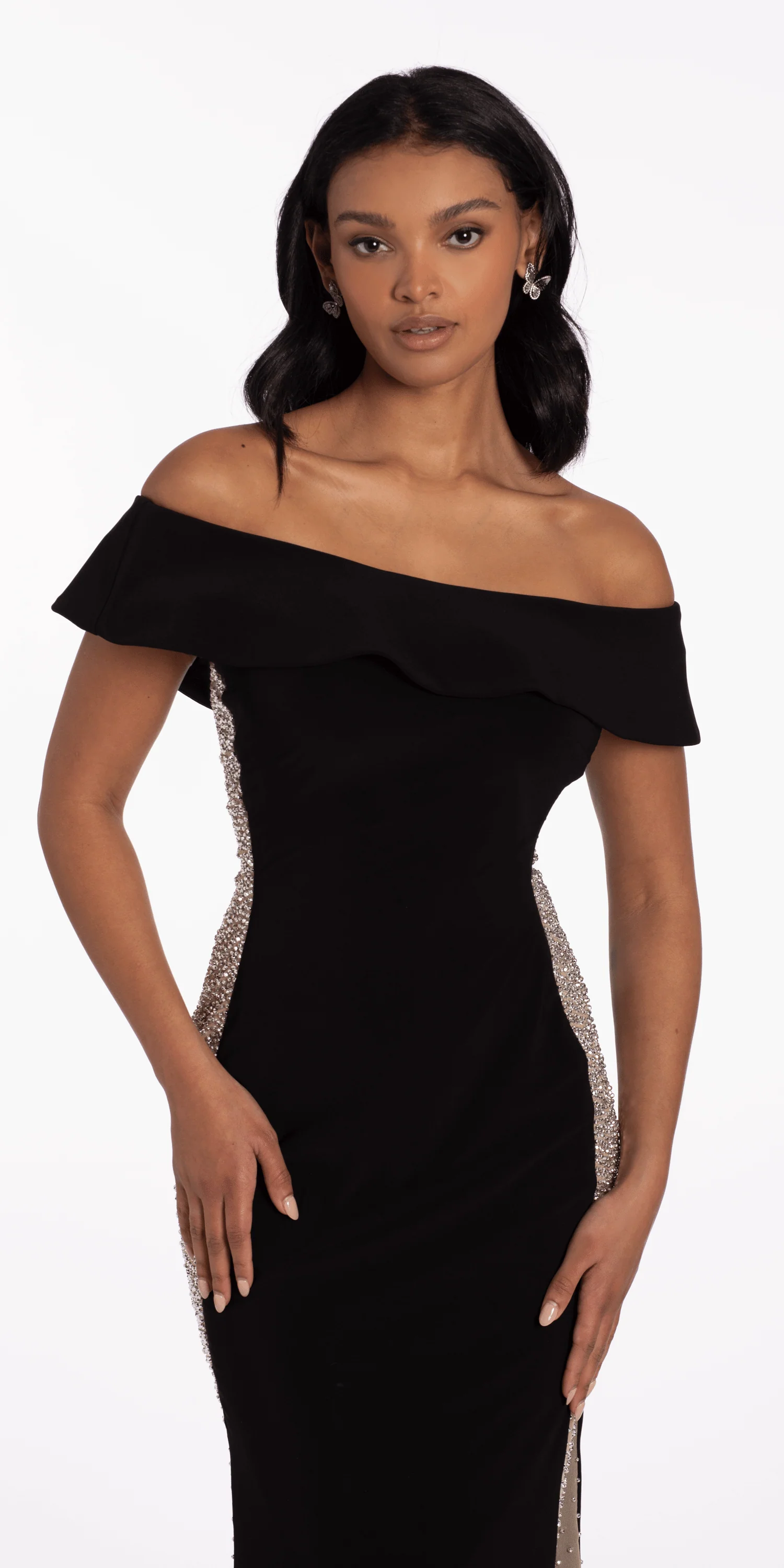 Jersey Off the Shoulder Column Dress with Beaded Side Panels - Image 3
