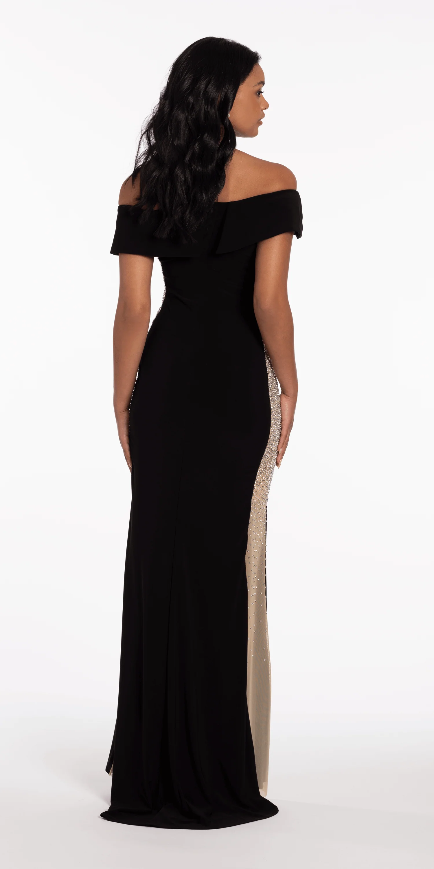 Jersey Off the Shoulder Column Dress with Beaded Side Panels - Image 6