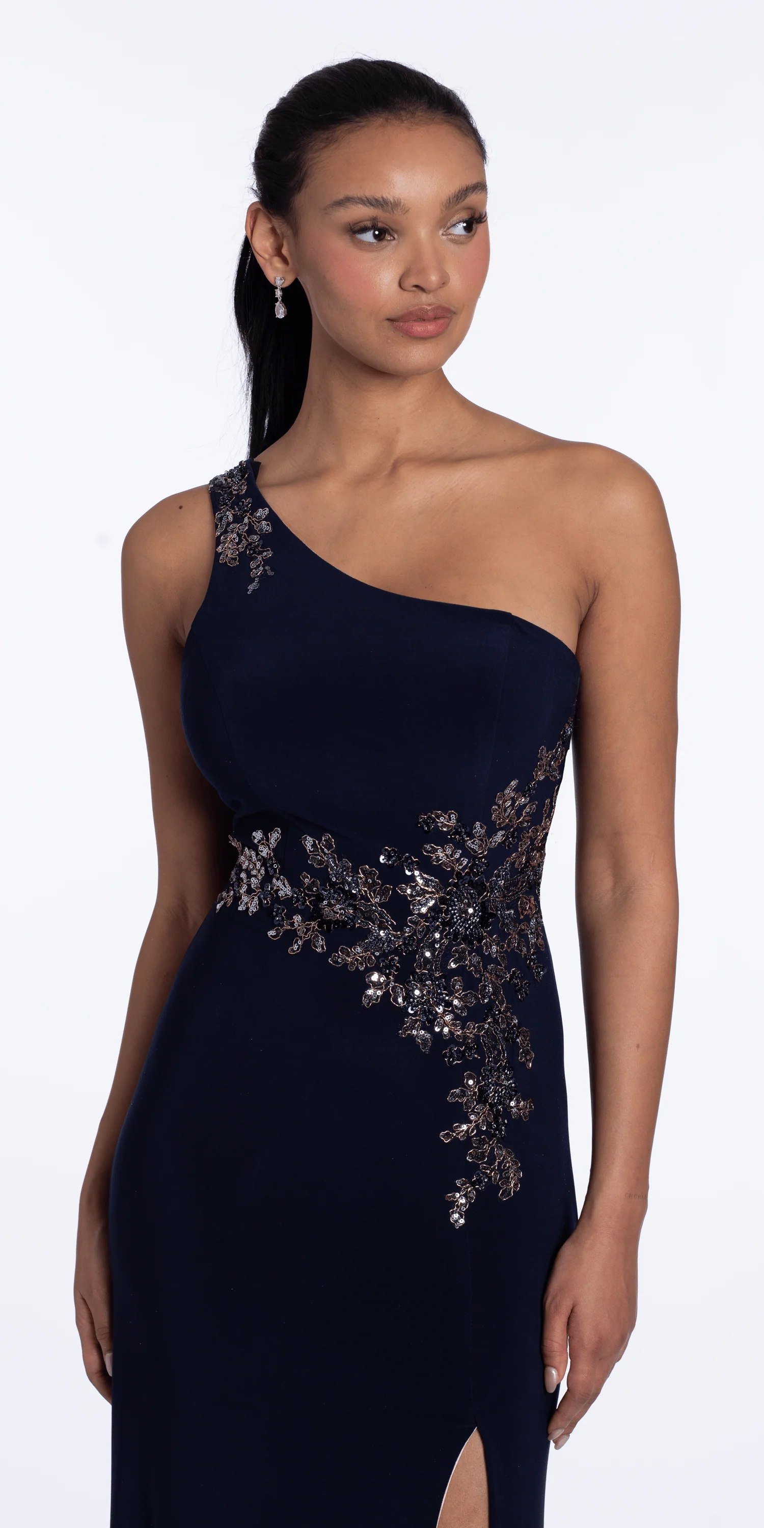 Jersey One Shoulder Column Dress with Embroidery and Contrast Lining - Image 2