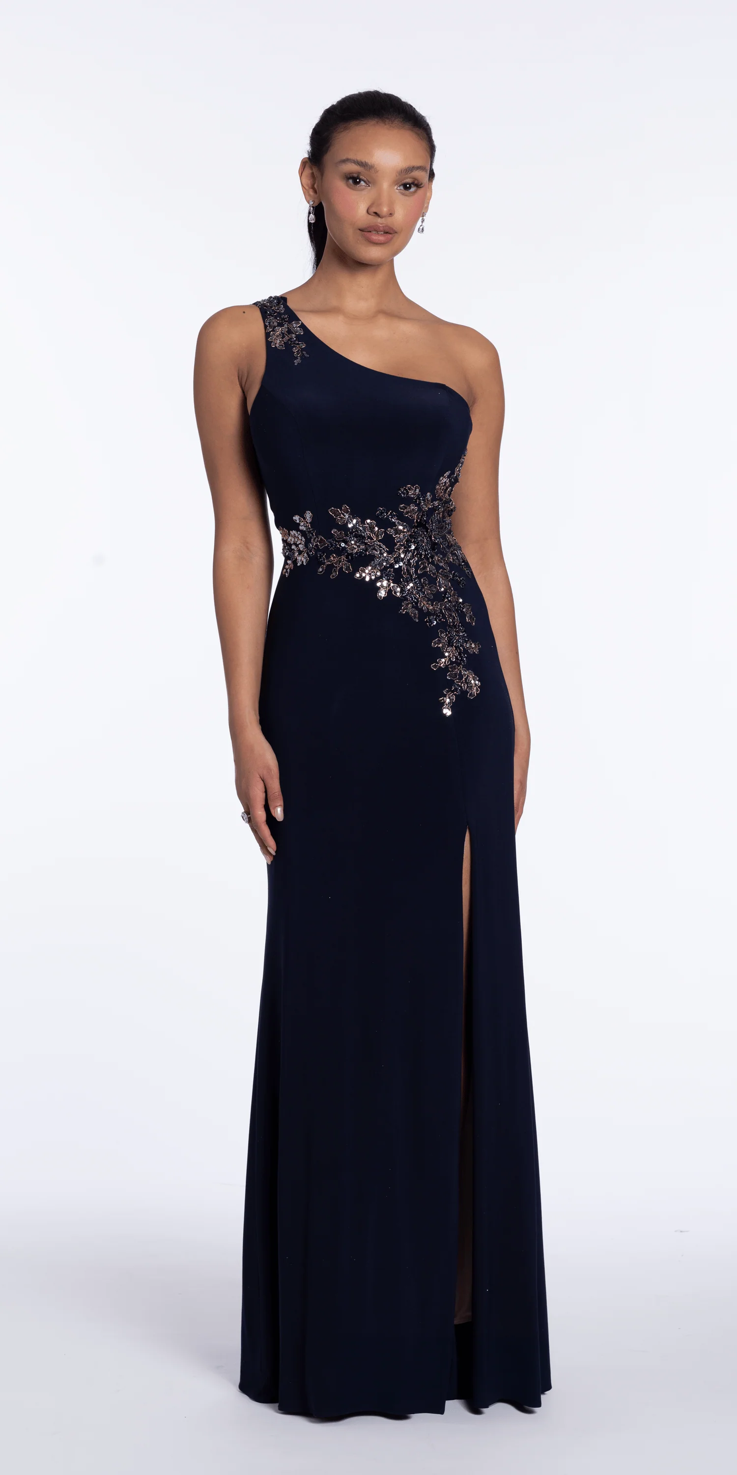 Jersey One Shoulder Column Dress with Embroidery and Contrast Lining - Image 4