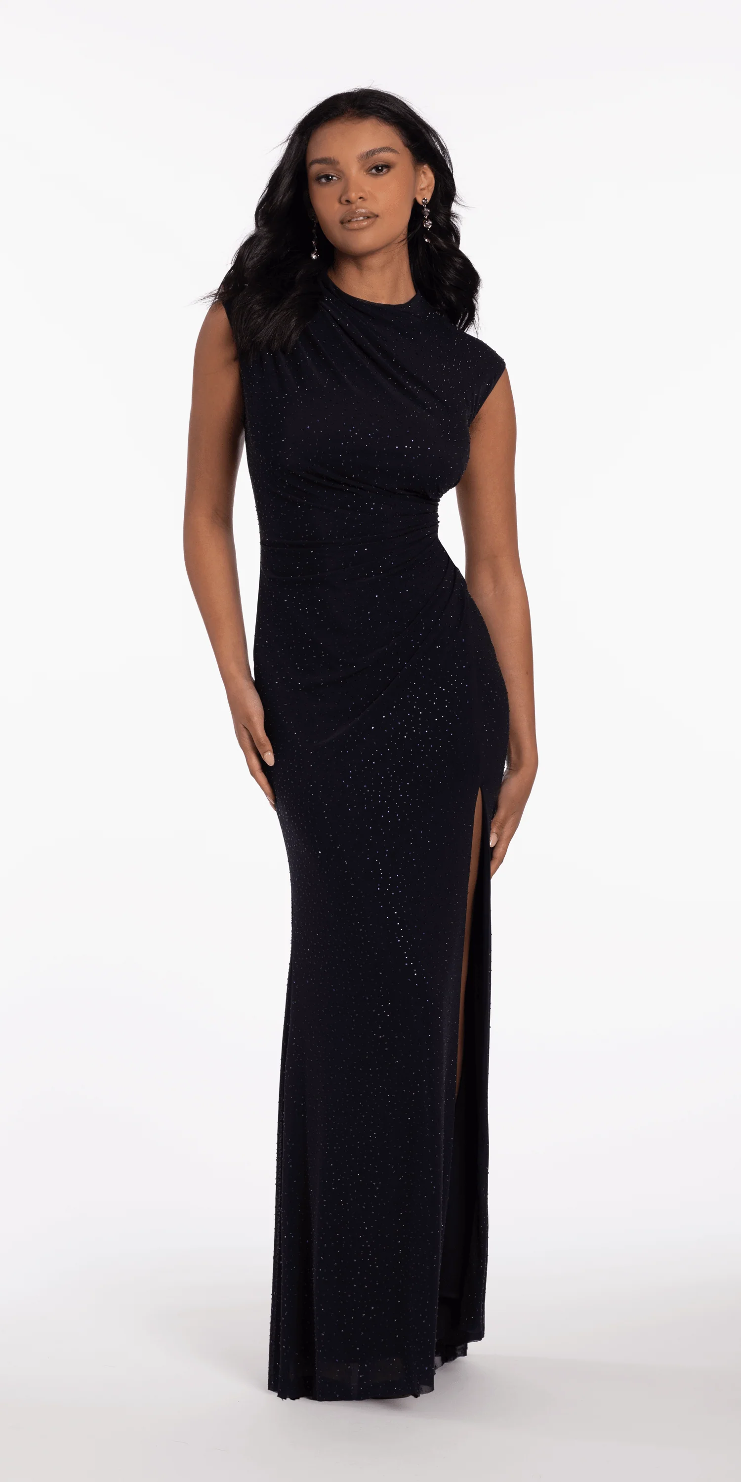 Jewel Neck Mesh Cap Sleeve Column Dress with Heat Set Stones - Image 2