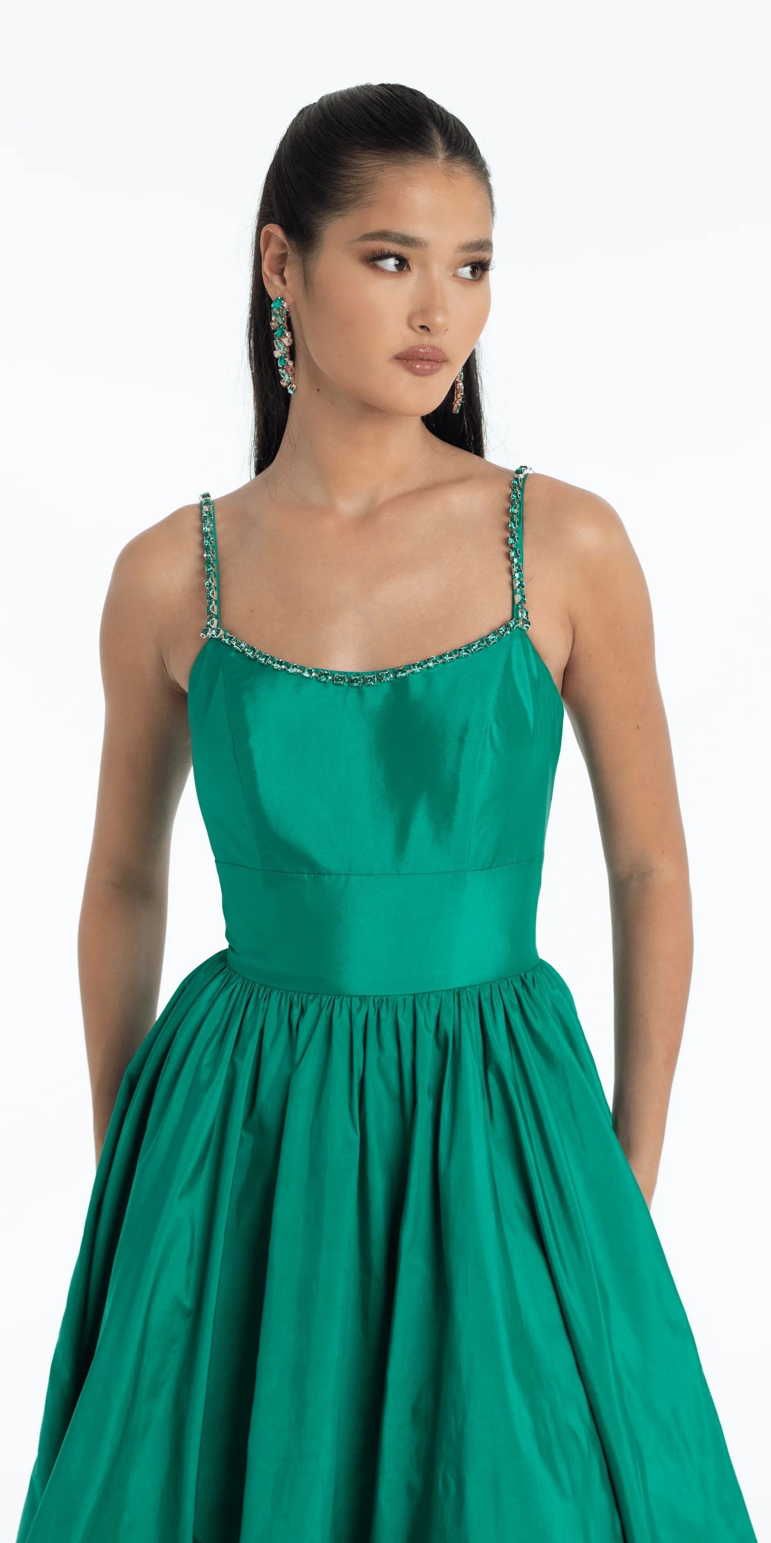 Jewel Neck Taffeta Pleated Ballgown with Pockets - Image 3