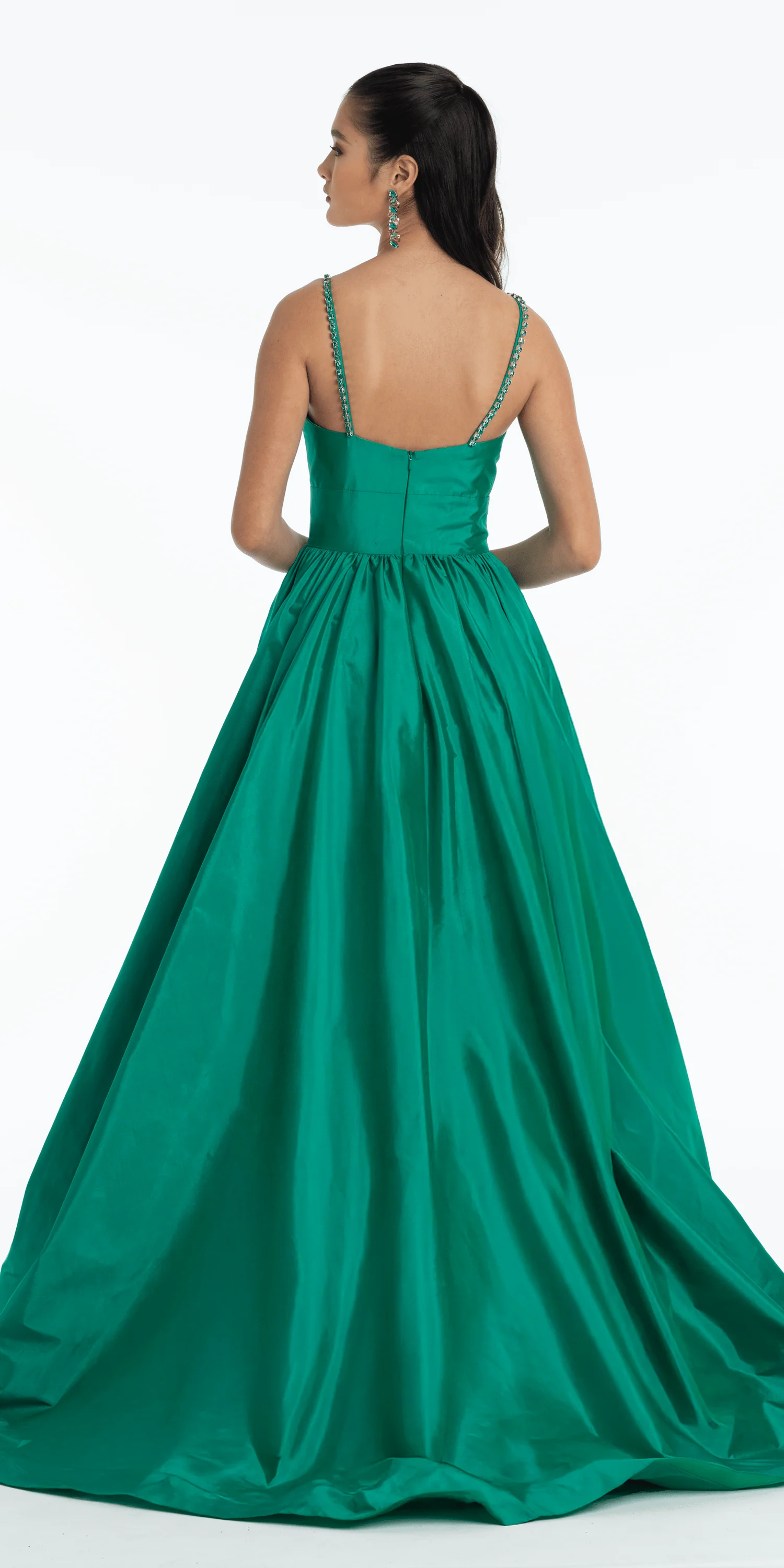 Jewel Neck Taffeta Pleated Ballgown with Pockets - Image 4