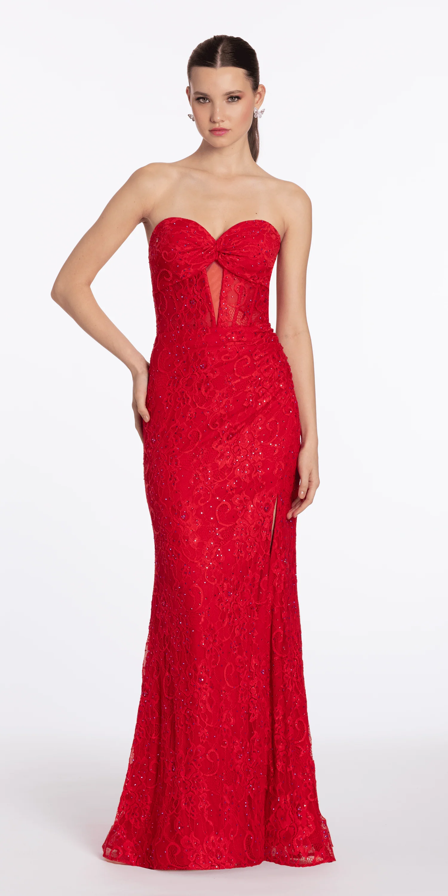 Lace Embellished Strapless Trumpet Dress with Peek-a-Boo Illusion Corset