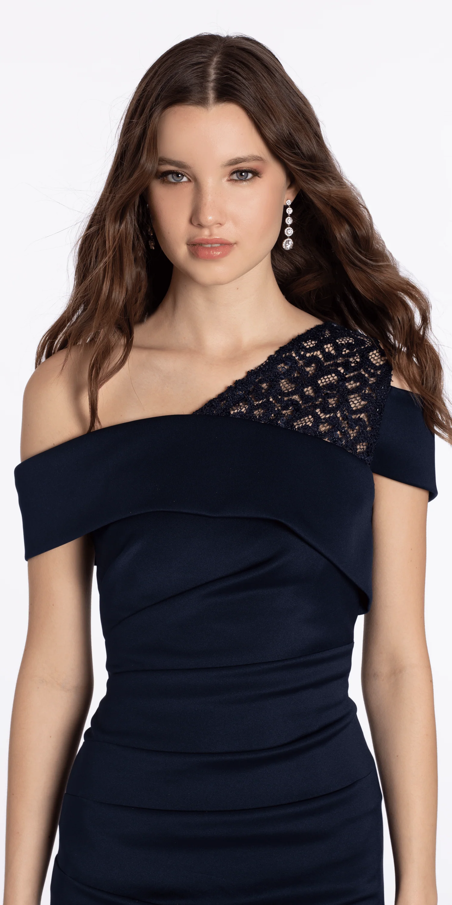 Lace One Shoulder Foldover Scuba Column Dress with Back Slit - Image 2