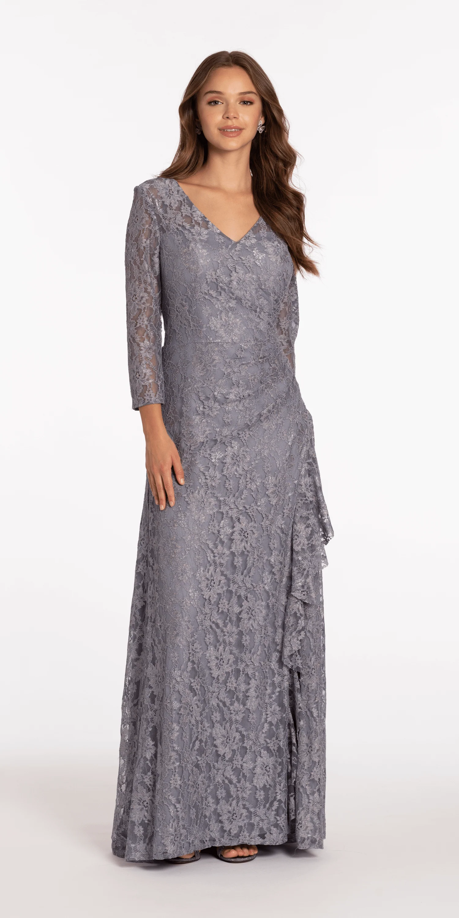 Lace V Neck 3/4Sleeve Column Dress with Ruching