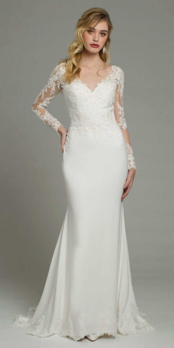 Long Sleeve Applique Crepe Button Back Lace Dress - Image 4
