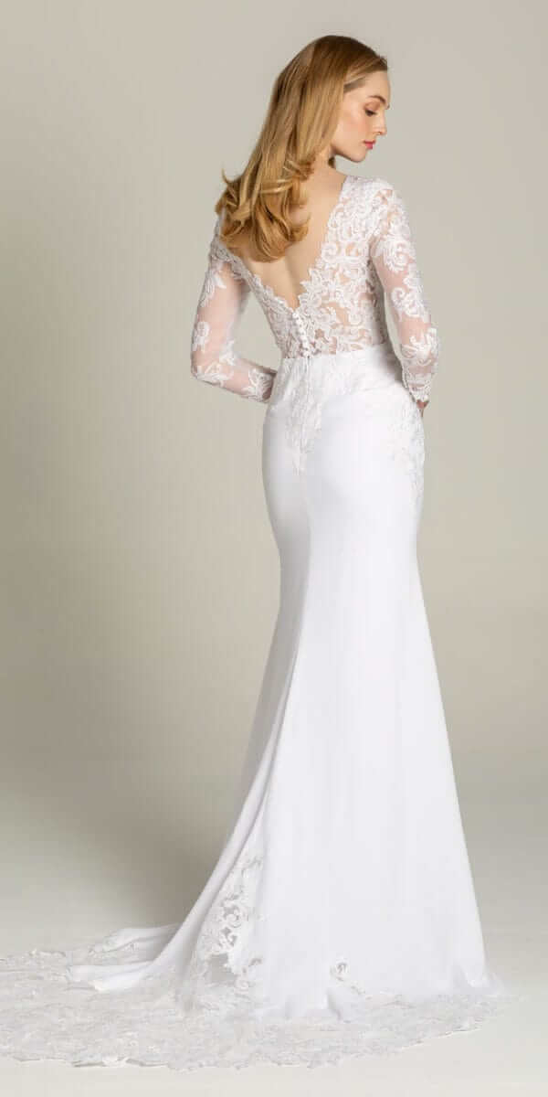 Long Sleeve V Back Crepe Dress with Embellished Appliques - Image 3