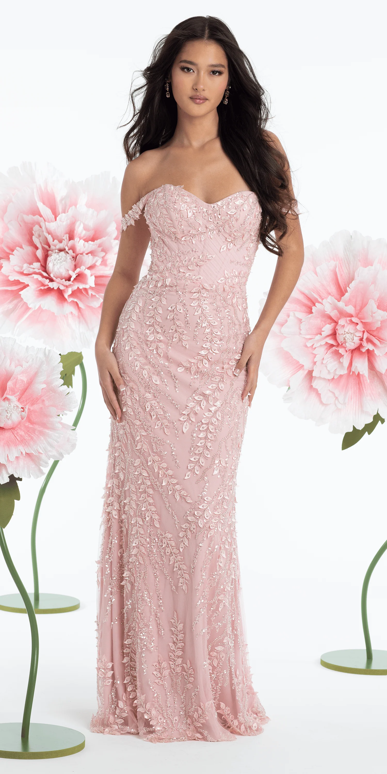 Mesh 3D Leaf Off the Shoulder Corset Column Dress