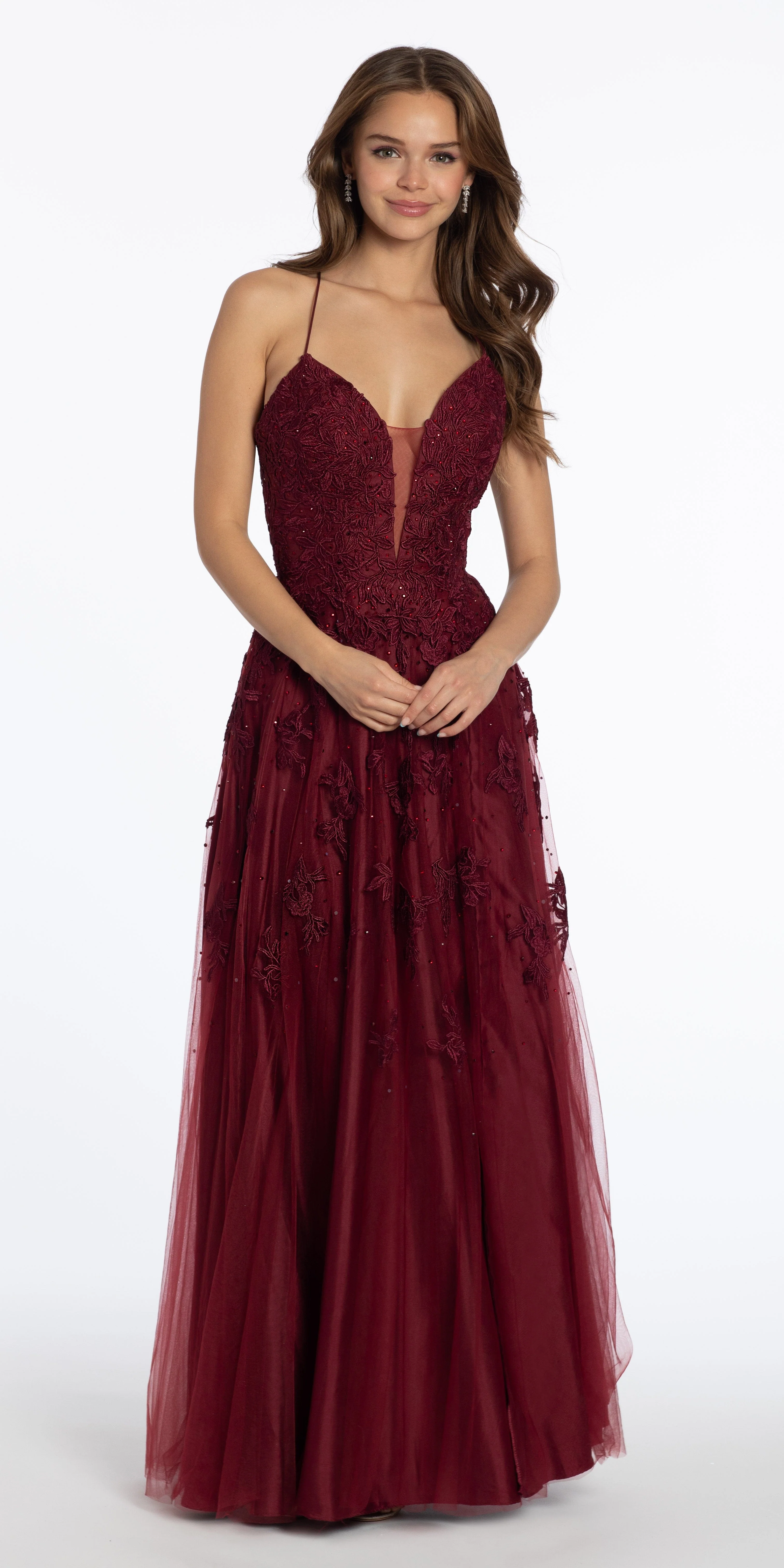 Mesh Applique Plunging Lace Up A Line Dress - Image 5