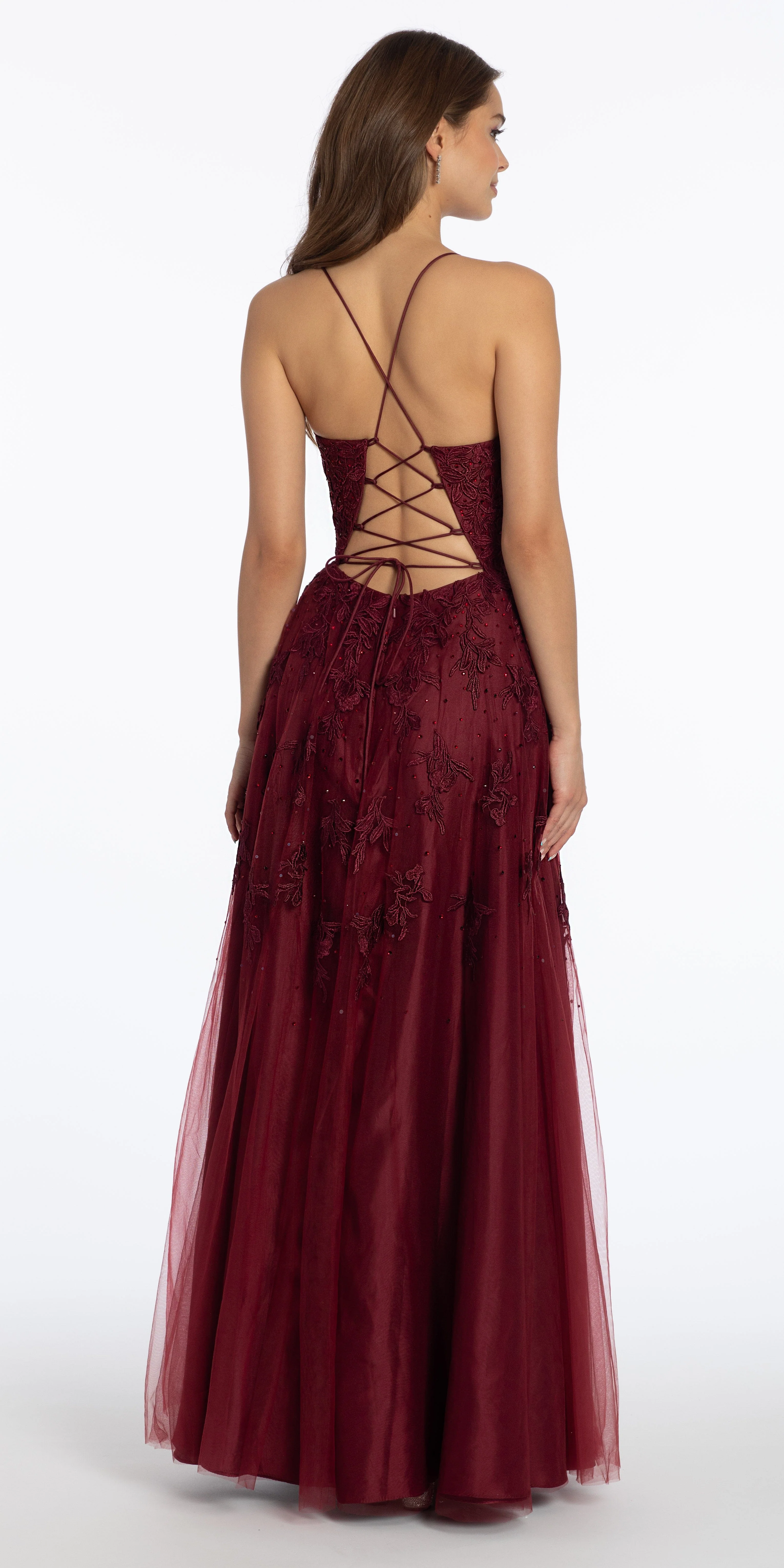 Mesh Applique Plunging Lace Up A Line Dress - Image 8