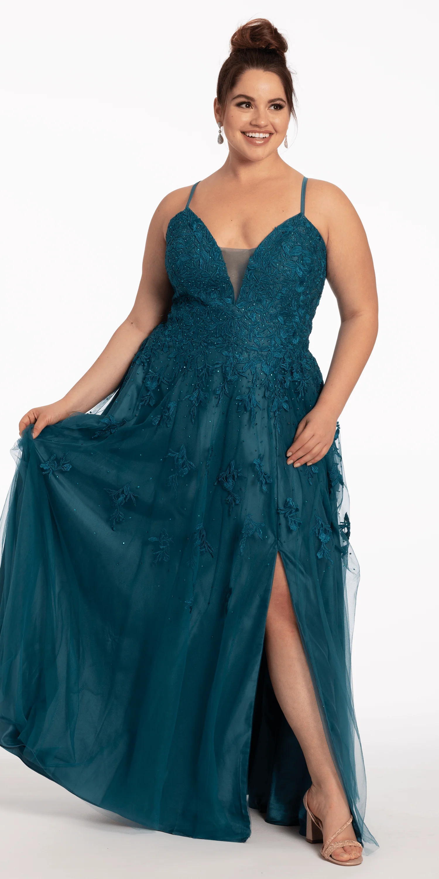 Mesh Applique Plunging Lace Up A Line Dress - Image 9