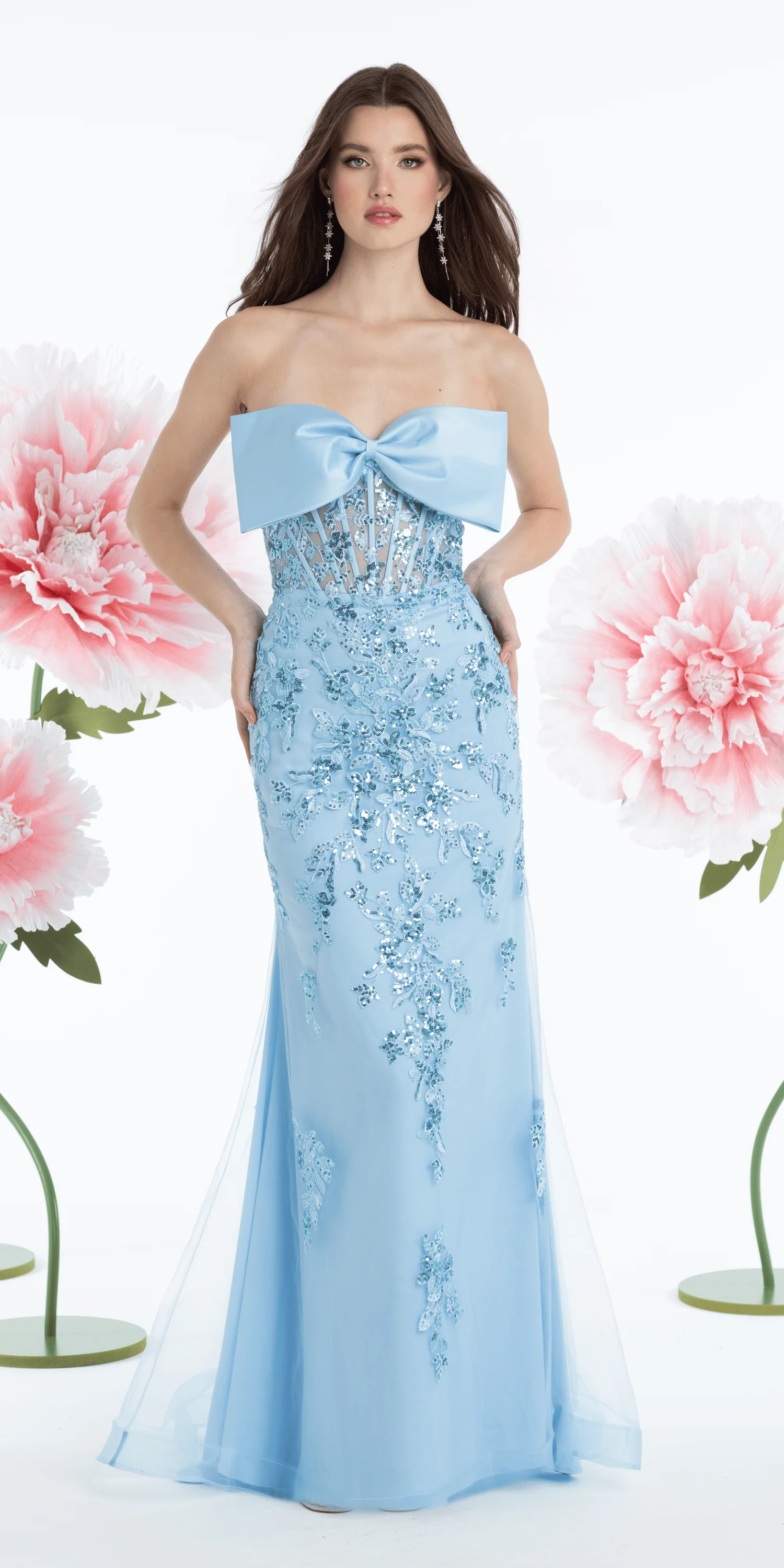 Mesh Embellished Bow Front Sheer Corset Column Dress
