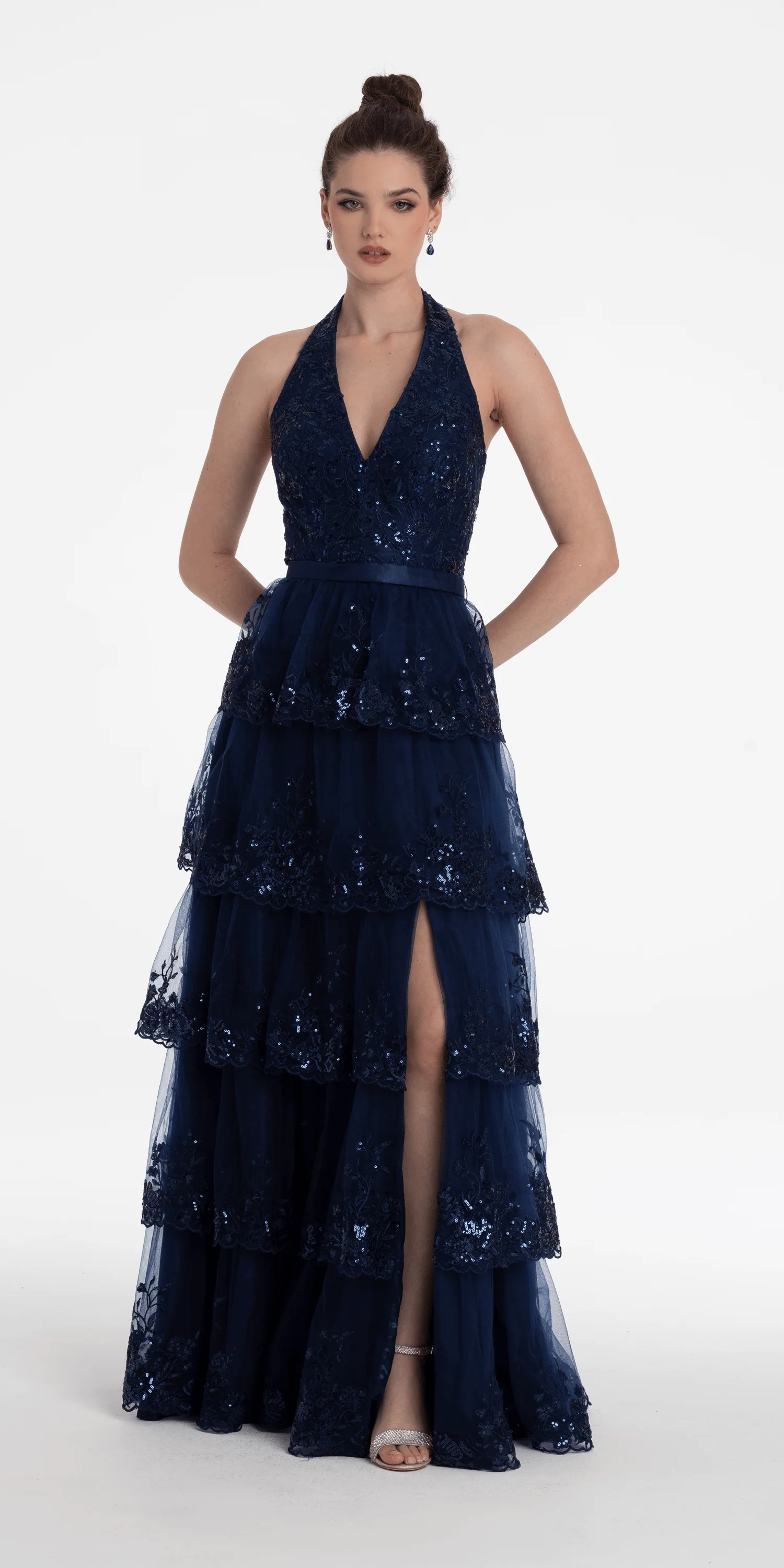 Mesh Embroidered Tiered Halter A Line Dress