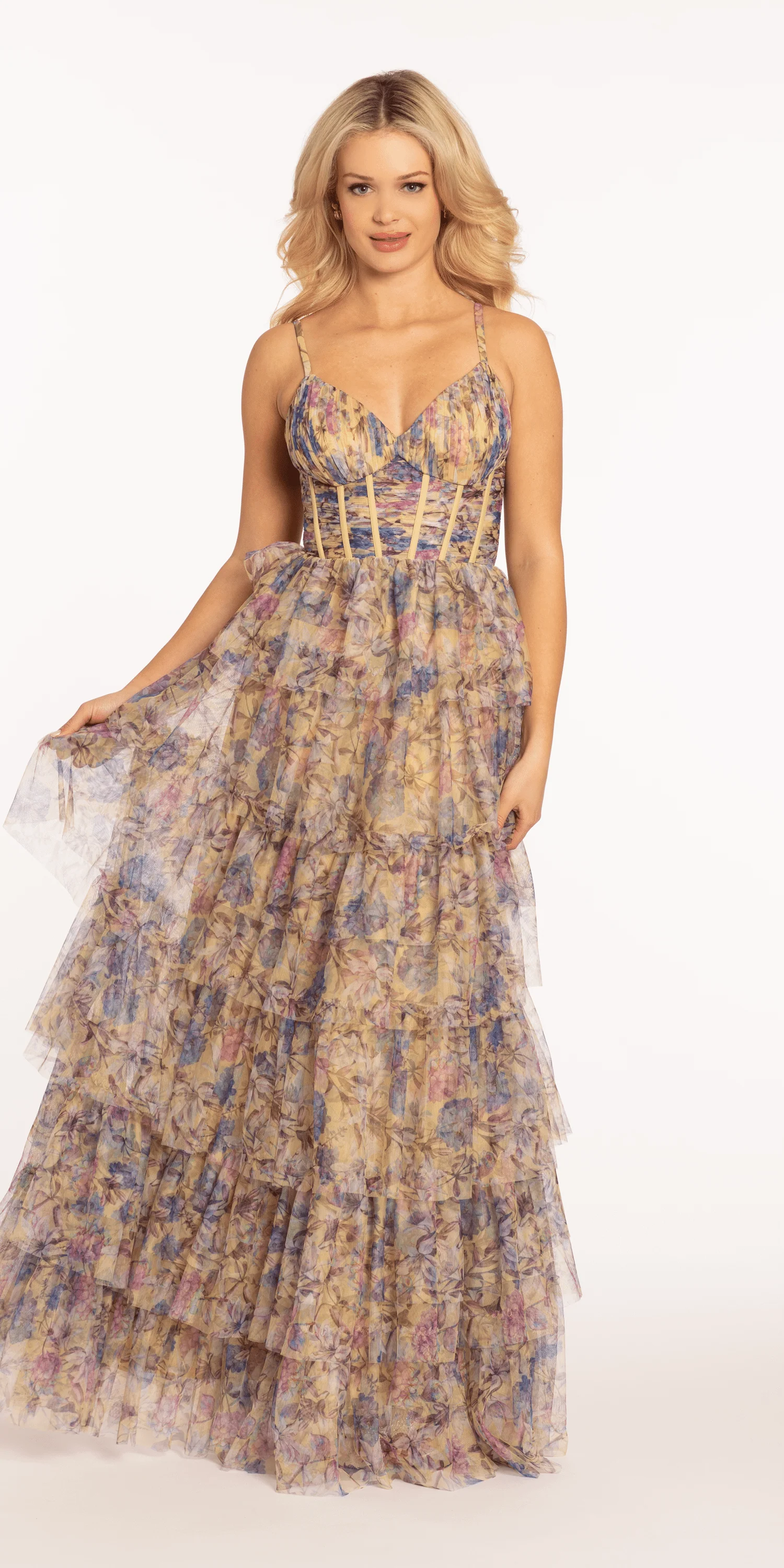 Mesh Floral Print Tiered Corset Ballgown - Image 3