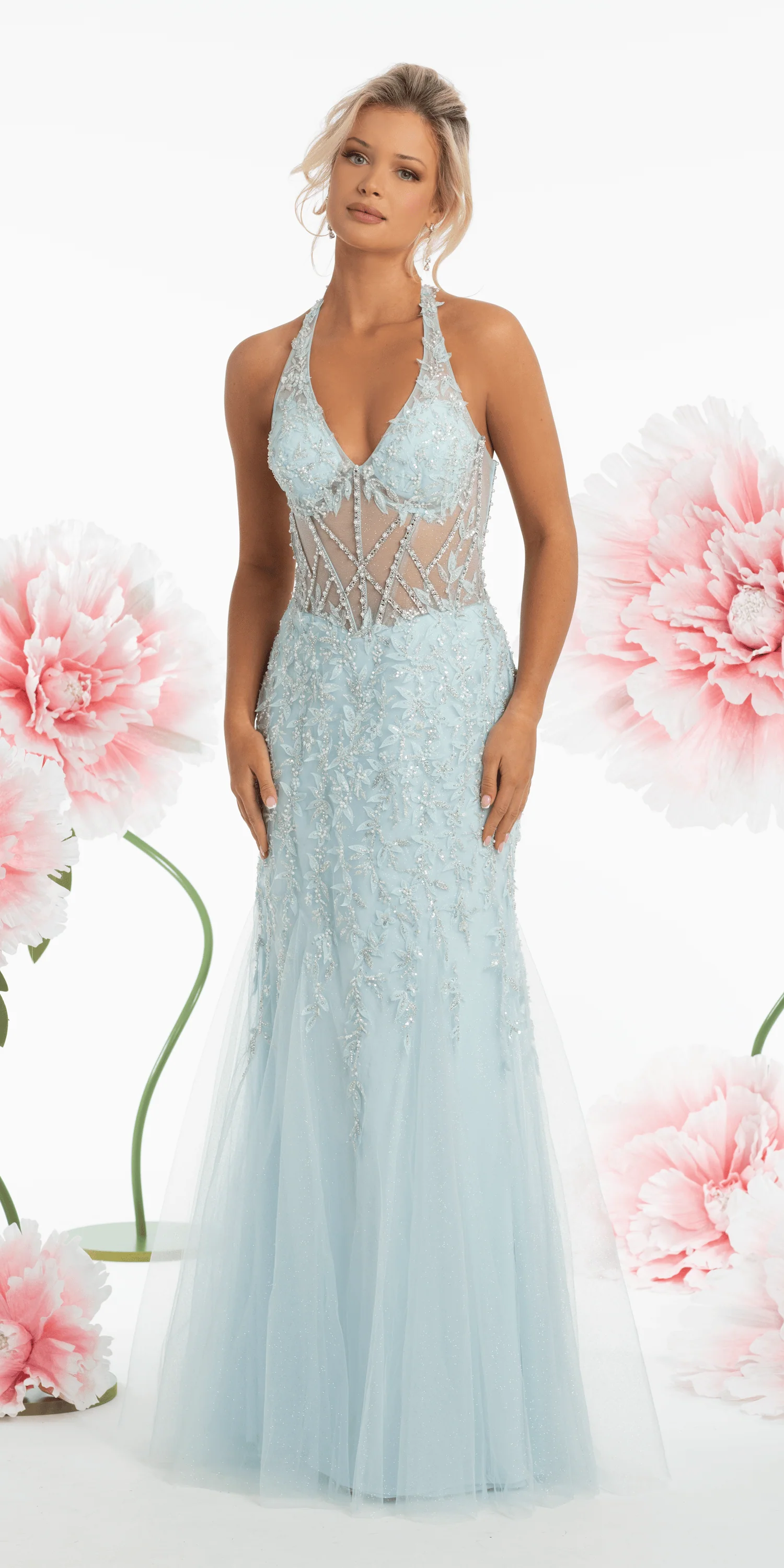 Mesh Halter Mermaid Corset Dress with 3D Florals and Pearl Detail