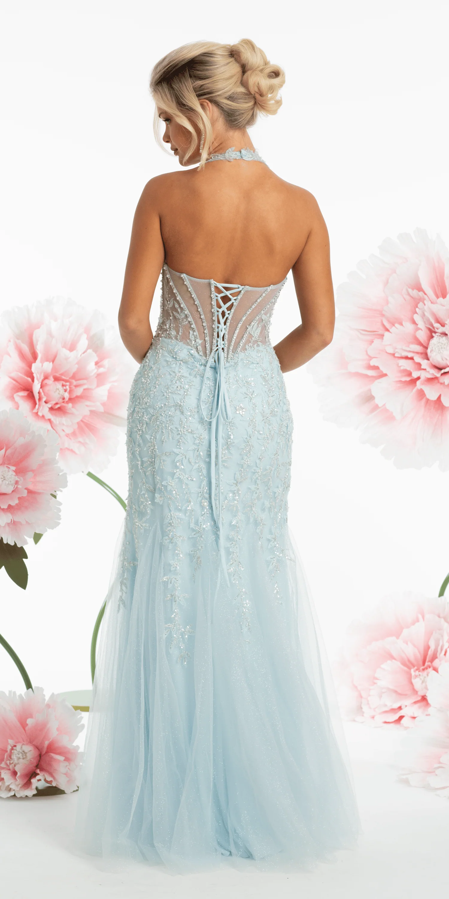 Mesh Halter Mermaid Corset Dress with 3D Florals and Pearl Detail - Image 3