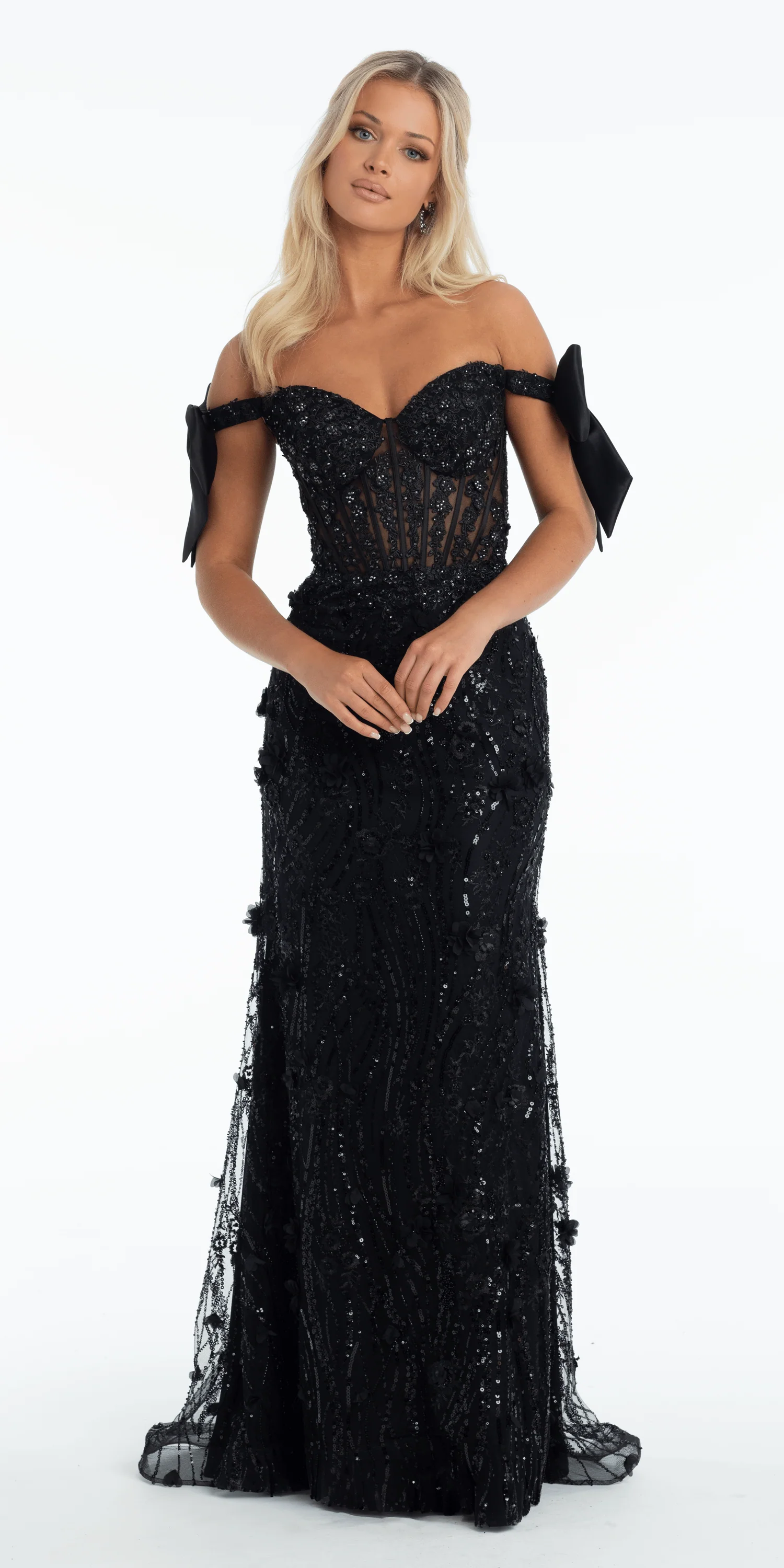 Mesh Off the Shoulder Stone Corset Trumpet Dress with 3 D Appliques - Image 2