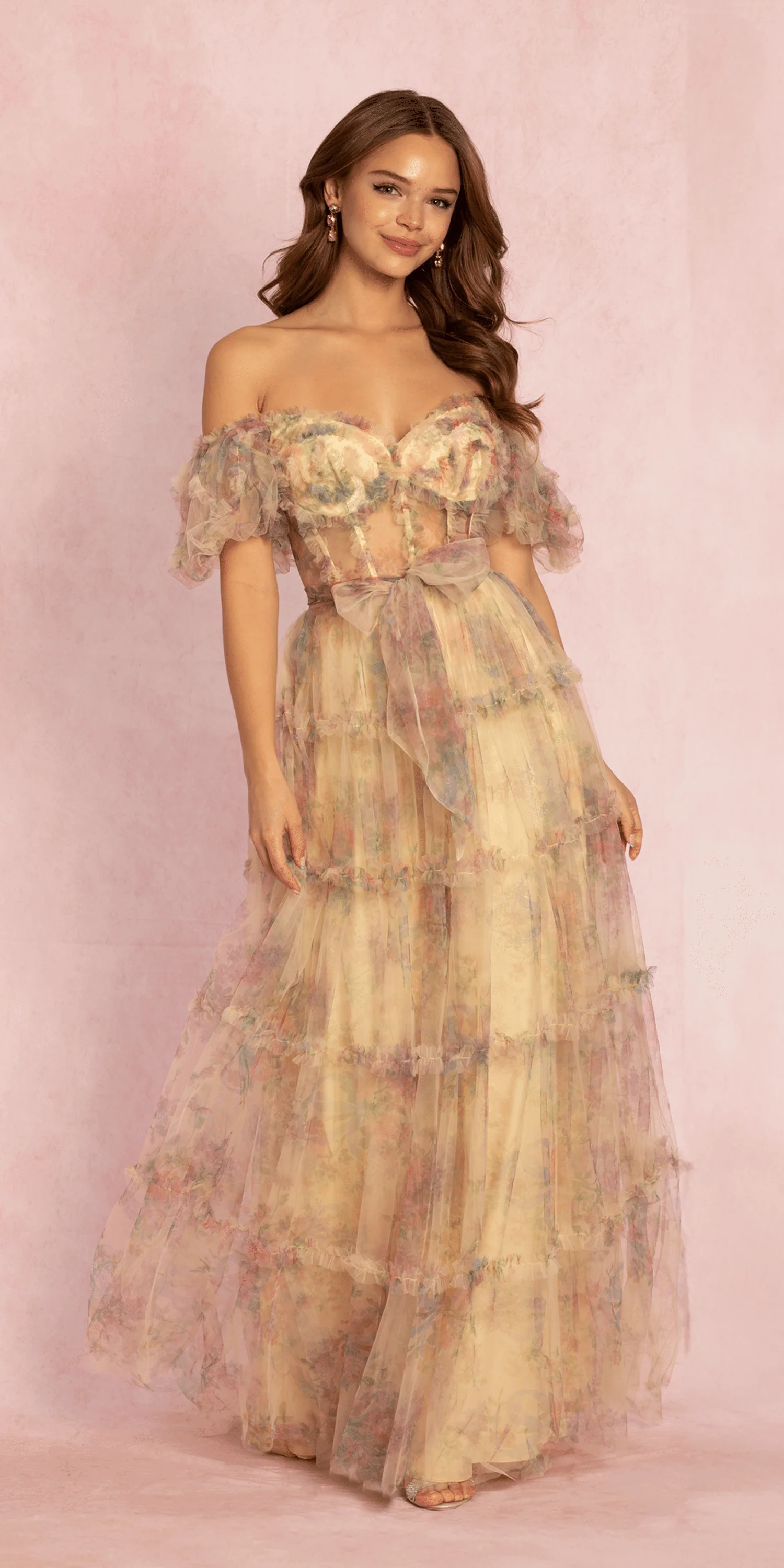 Mesh Puff Sleeve Off the Shoulder Floral Tiered A Line Dress
